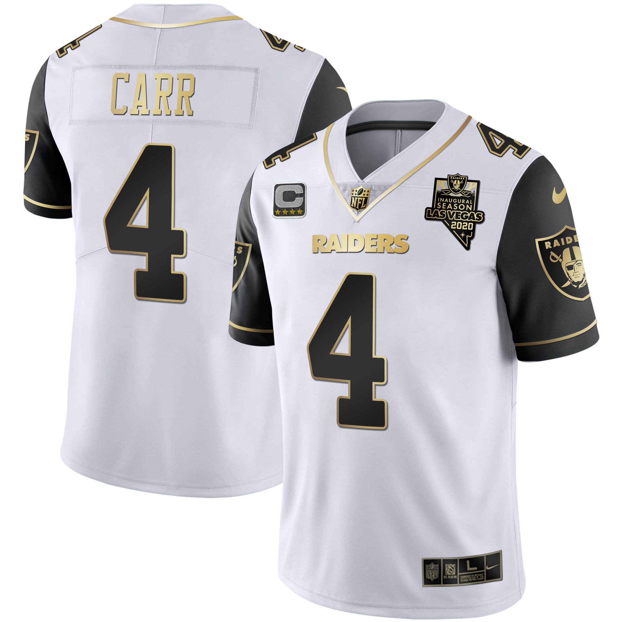 Derek Carr Men's Las Vegas Raiders Alternate Vapor Black Gold & Black Inverted Limited Inaugural Season Patch Black Sleeves Jersey - All Stitched 