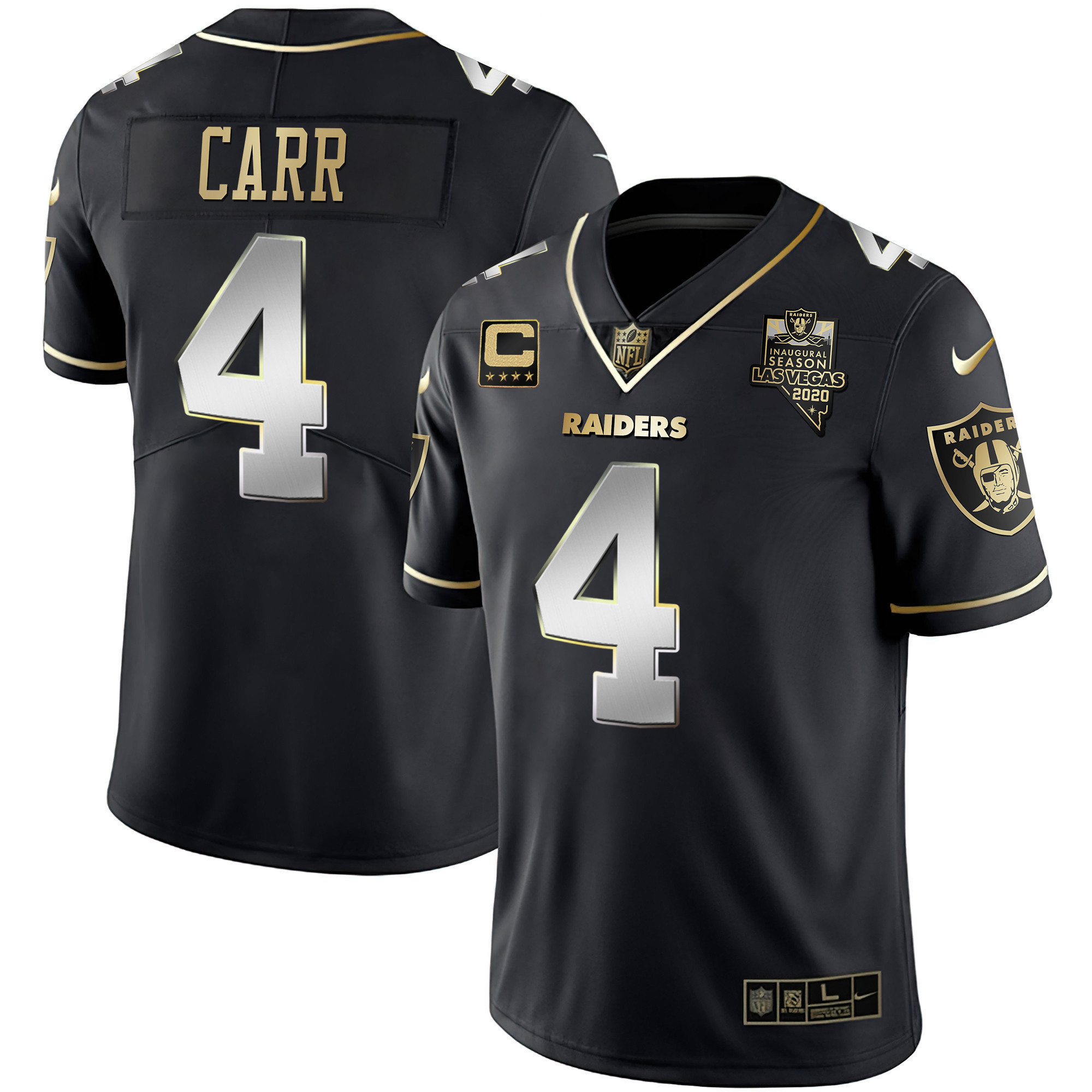 Derek Carr Men's Las Vegas Raiders Inaugural Season Patch Gold & Split Black Limited Jersey - All Stitched 