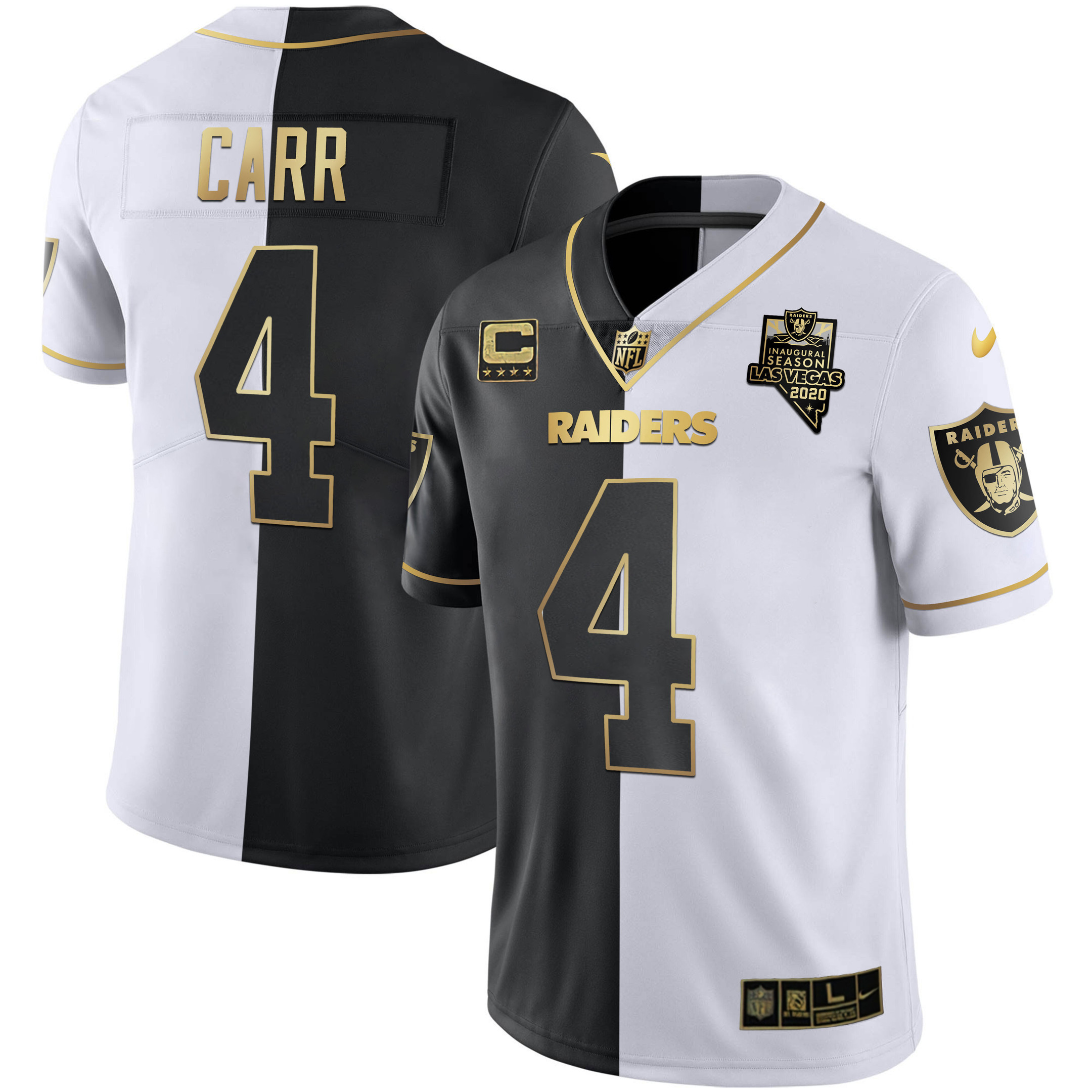 Derek Carr Men's Las Vegas Raiders Inaugural Season Patch Gold & Split Split Gold Jersey - All Stitched 