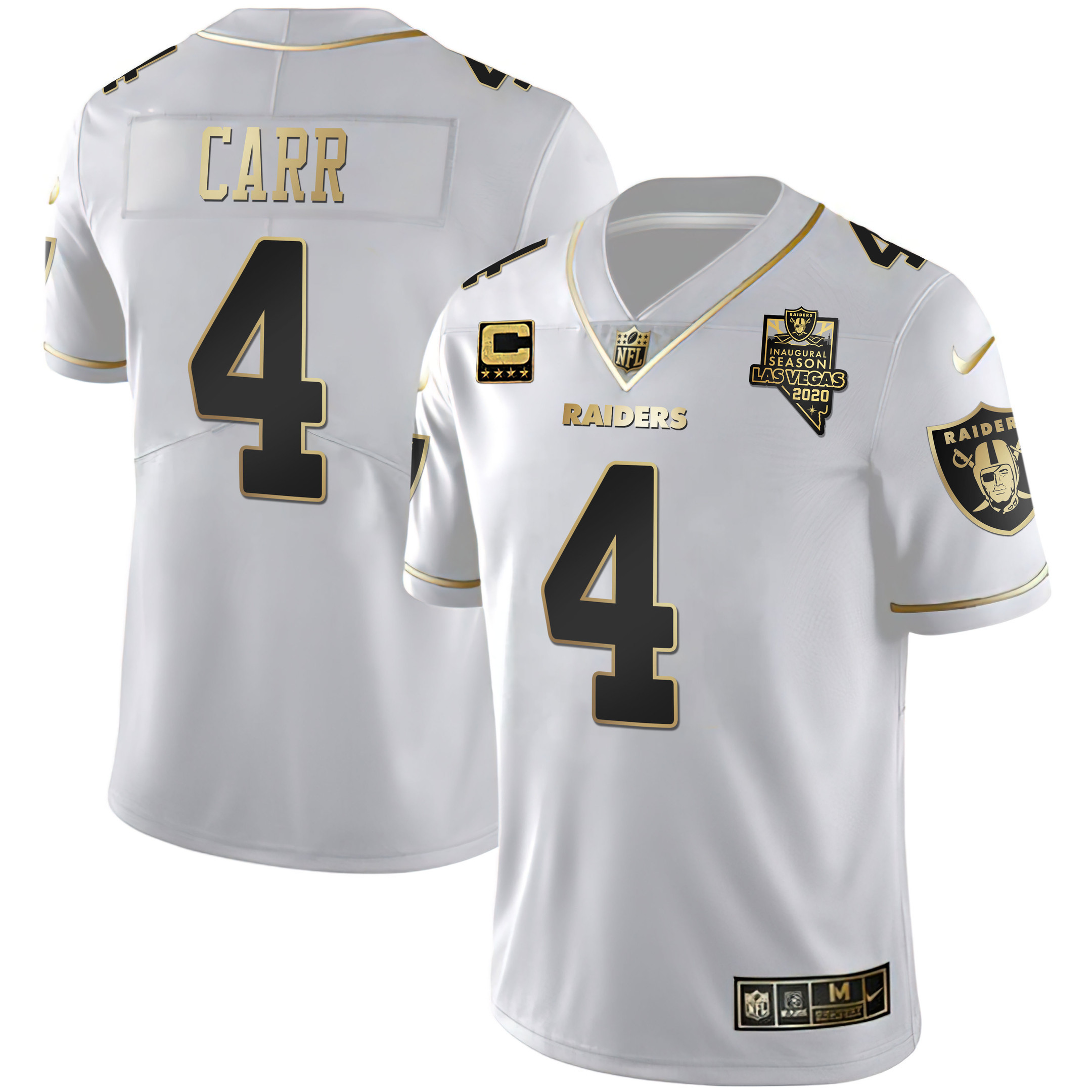 Derek Carr Men's Las Vegas Raiders Inaugural Season Patch Gold & Split White Gold Jersey - All Stitched 