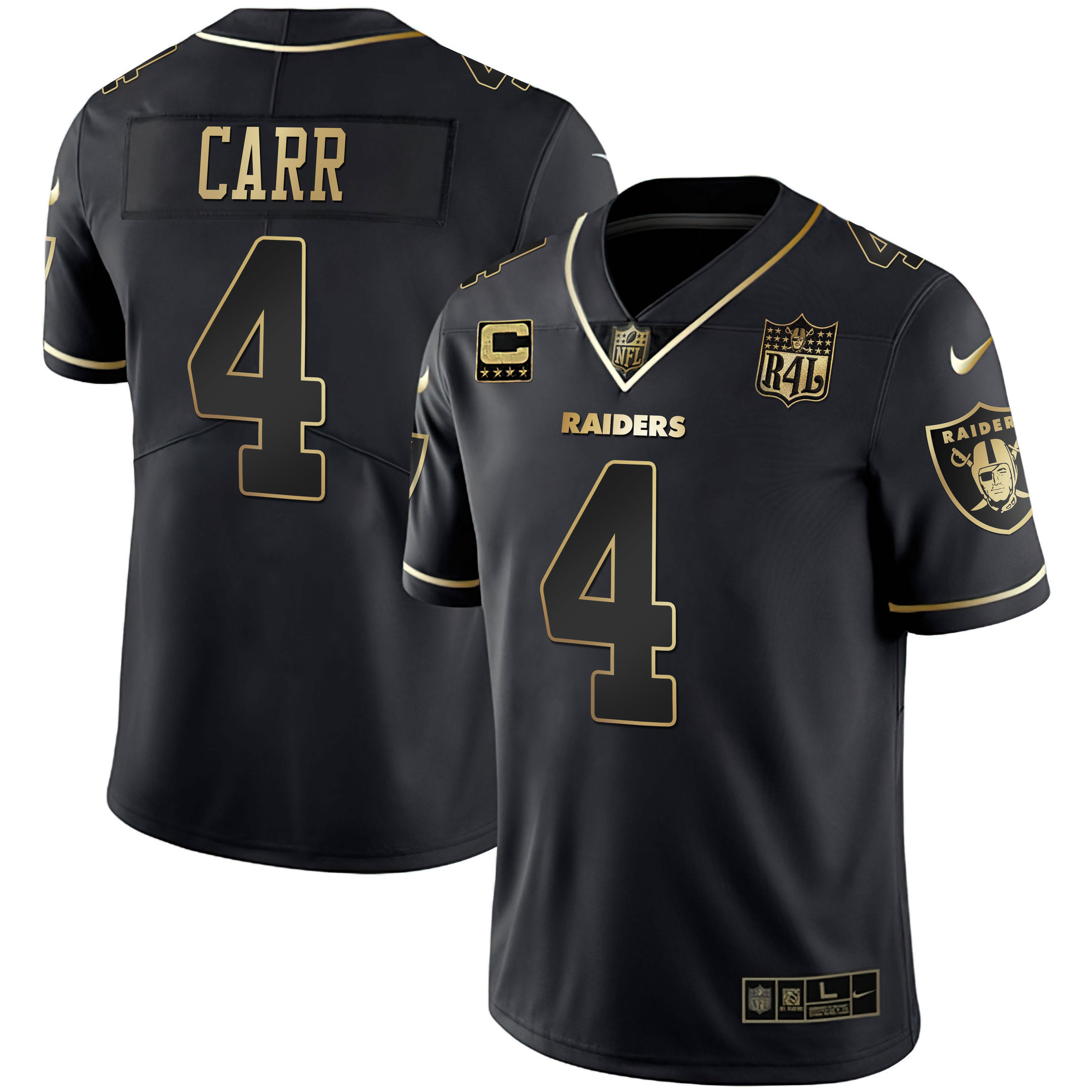 Derek Carr Men's Las Vegas Raiders Raider4Life Patch White Gold and Black Gold Black Gold Jersey - All Stitched 