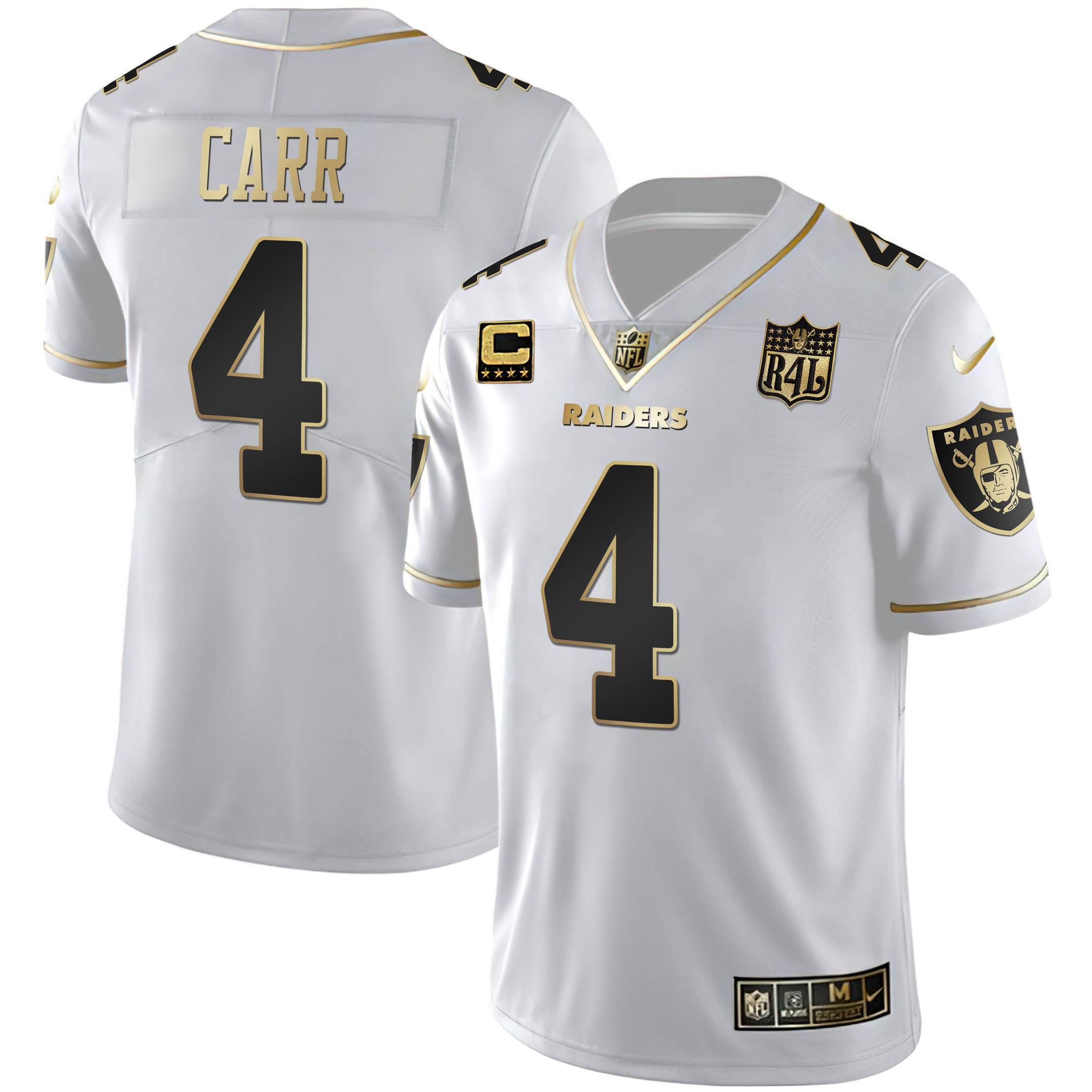 Derek Carr Men's Las Vegas Raiders Raider4Life Patch White Gold and Black Gold White Gold Jersey - All Stitched 