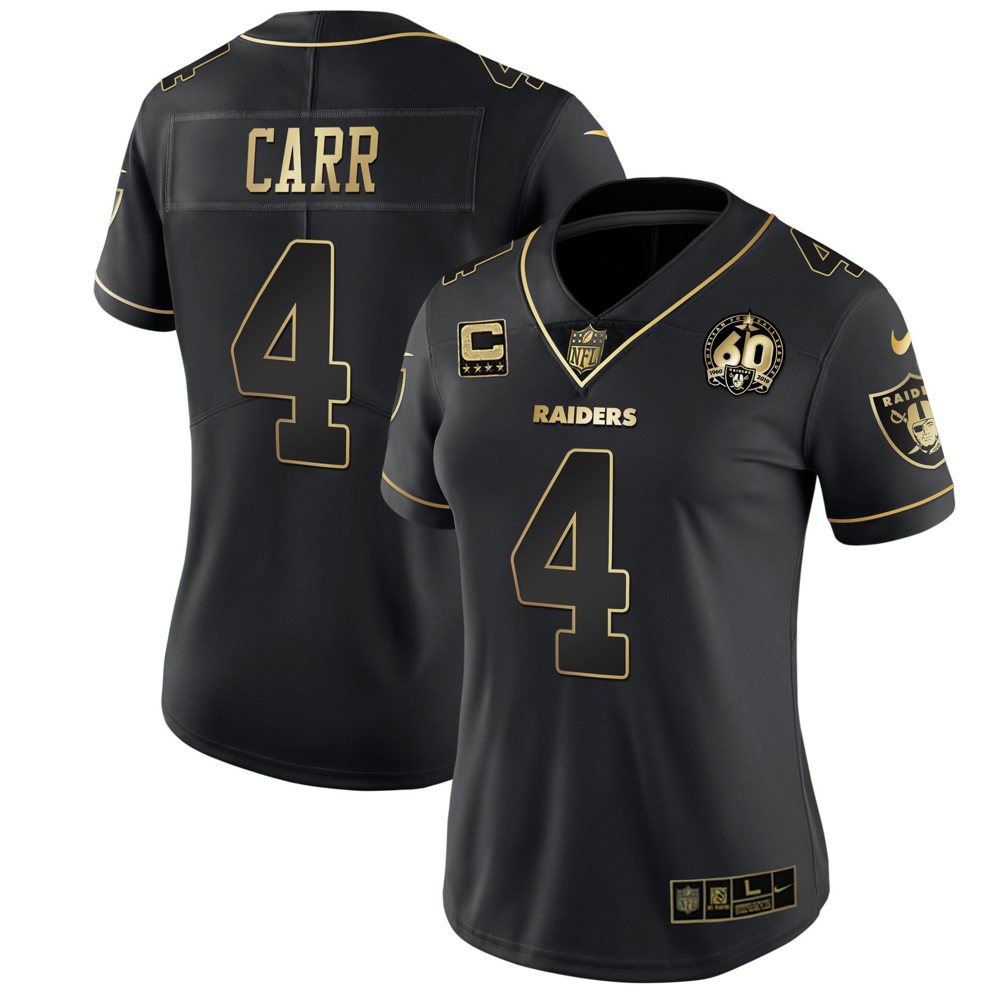 Derek Carr Women's Las Vegas Raiders 60th Season Patch Gold & Split Black Gold Jersey - All Stitched 