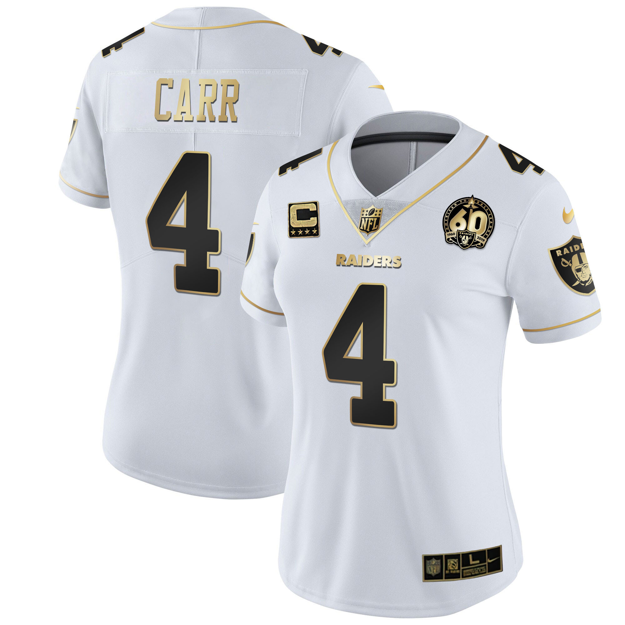 Derek Carr Women's Las Vegas Raiders 60th Season Patch Gold & Split White Gold Jersey - All Stitched 