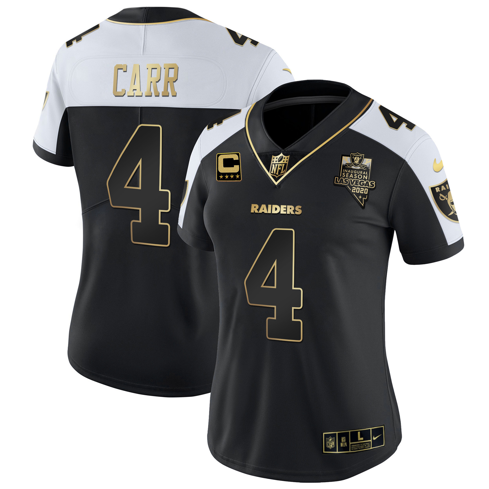 Derek Carr Women's Las Vegas Raiders Inaugural Season Patch Gold & Split Alternate Jersey - All Stitched 