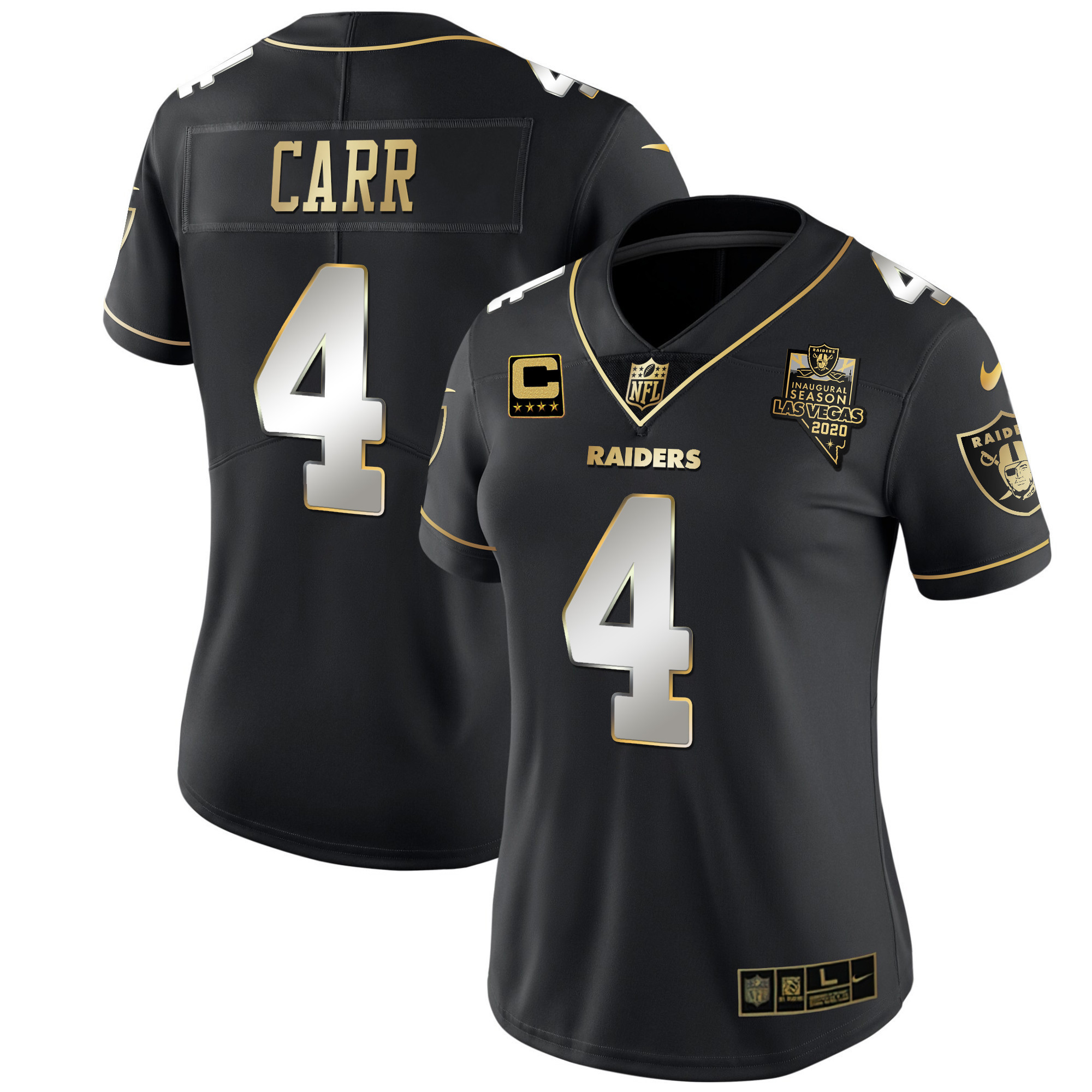 Derek Carr Women's Las Vegas Raiders Inaugural Season Patch Gold & Split Black Limited Jersey - All Stitched 