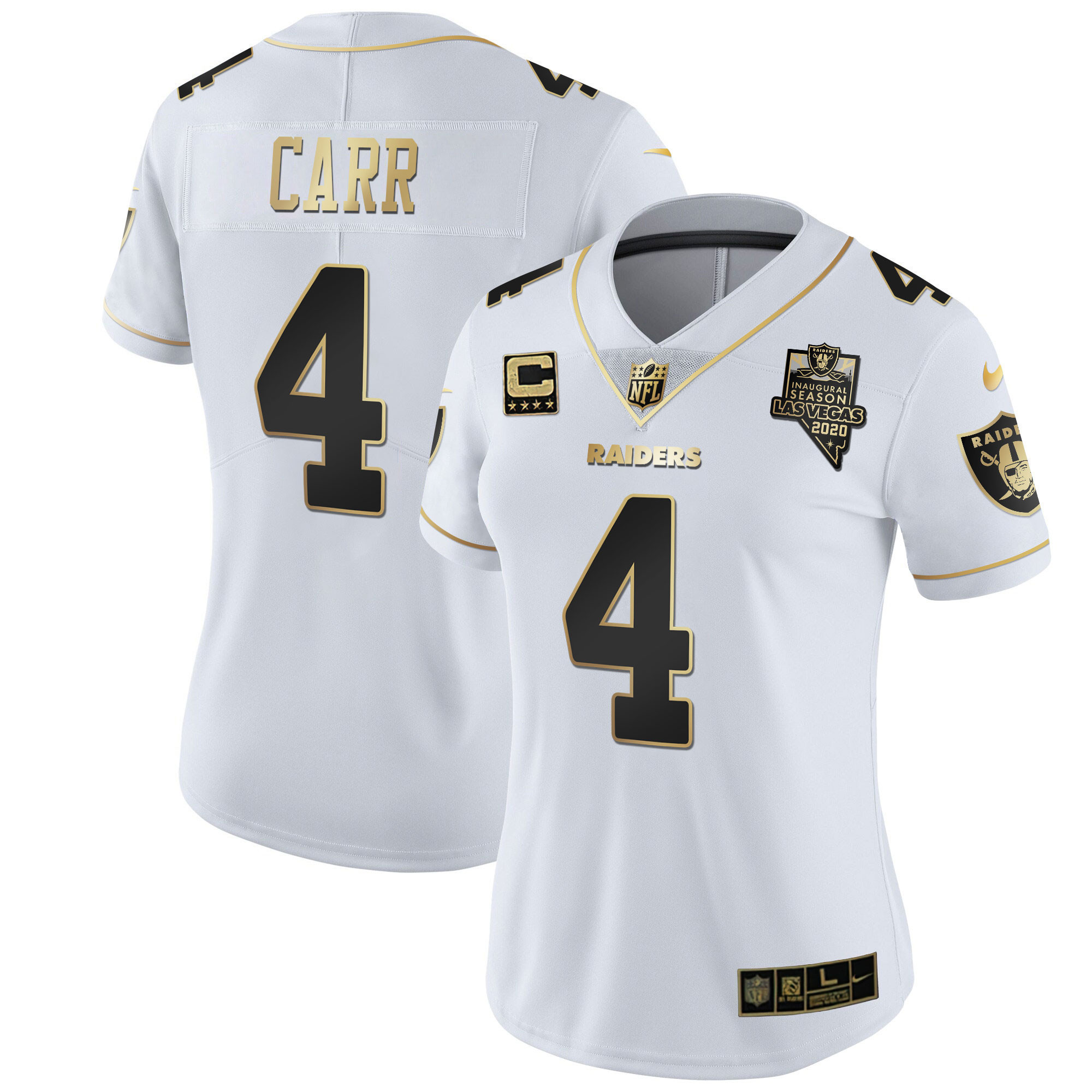 Derek Carr Women's Las Vegas Raiders Inaugural Season Patch Gold & Split White Gold Jersey - All Stitched 