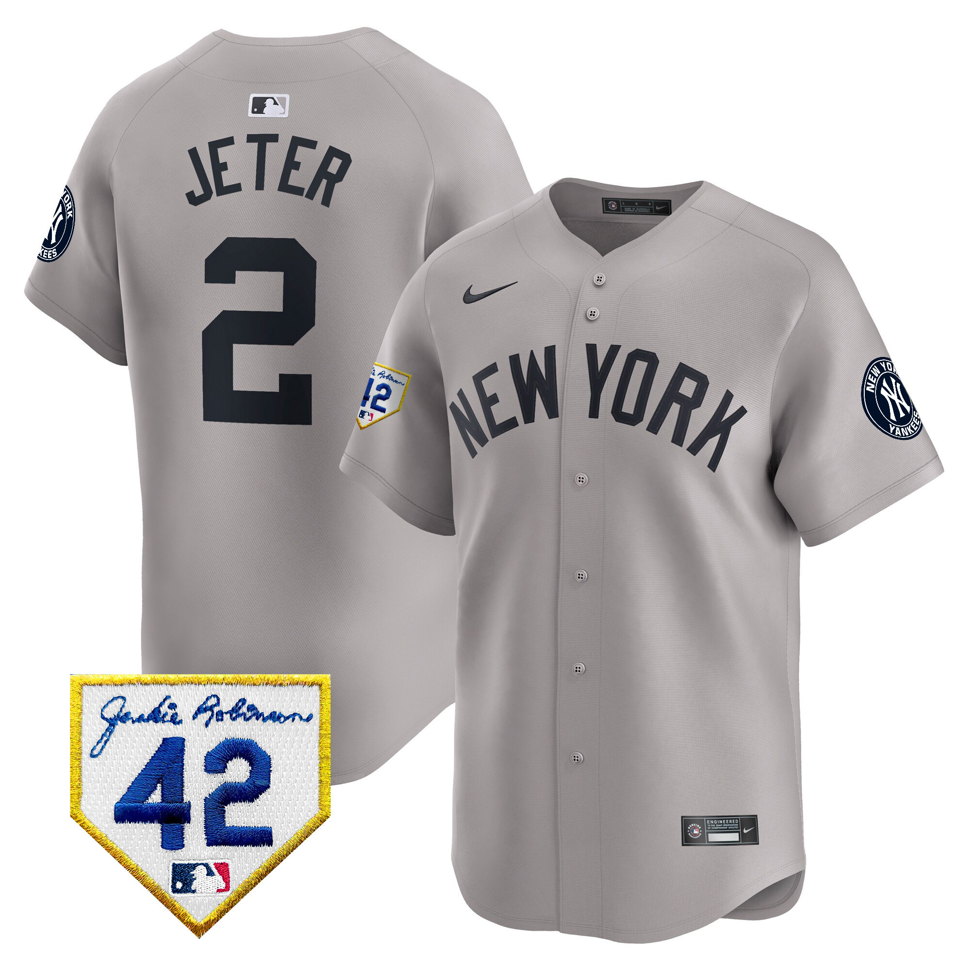 Derek Jeter Men's New York Yankees 2024 Jackie Robinson Patch Vapor Premier Limited Gray Jersey - All Stitched