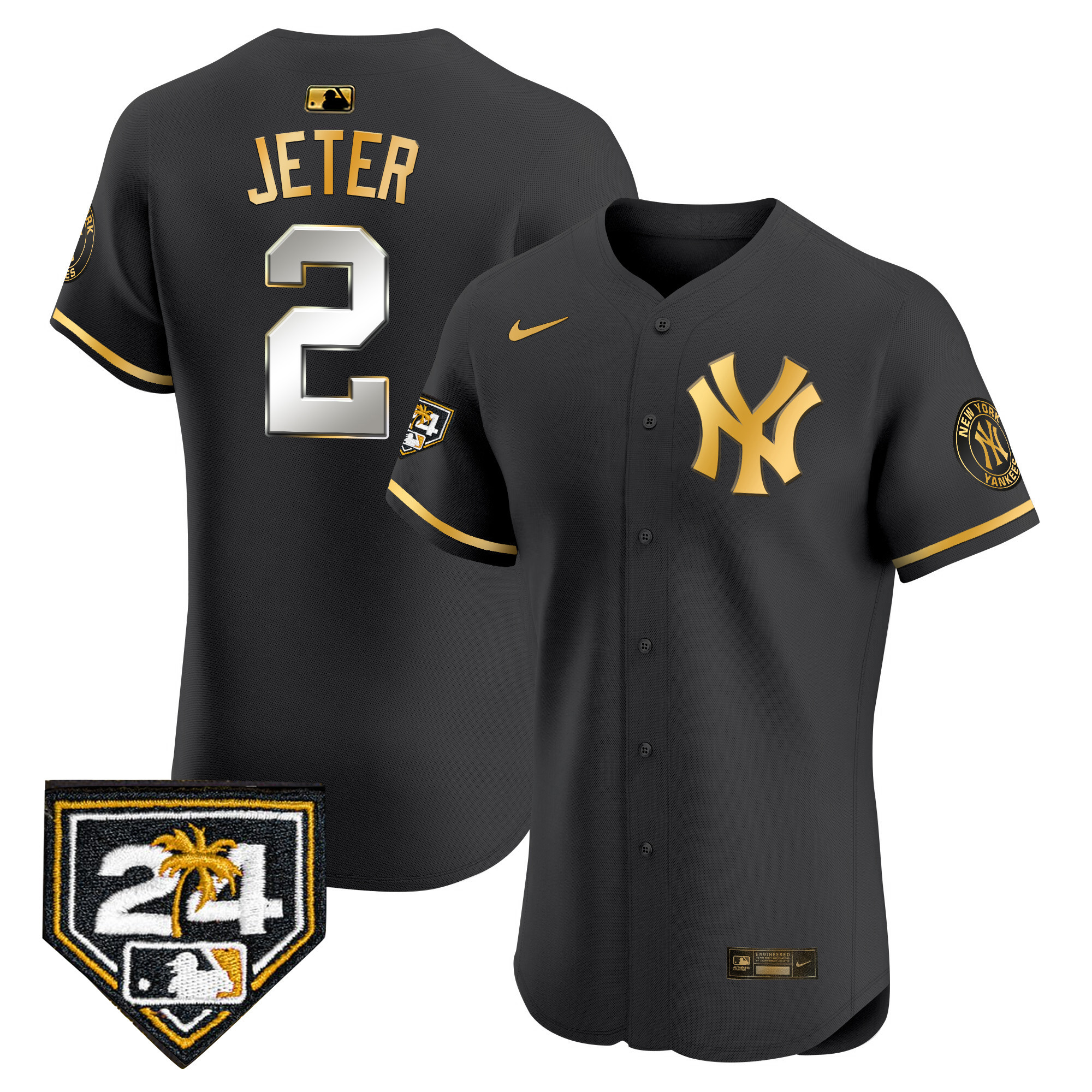 Derek Jeter Men's New York Yankees 2024 Spring Training Patch Vapor Premier Elite V2 Black Gold Jersey - All Stitched