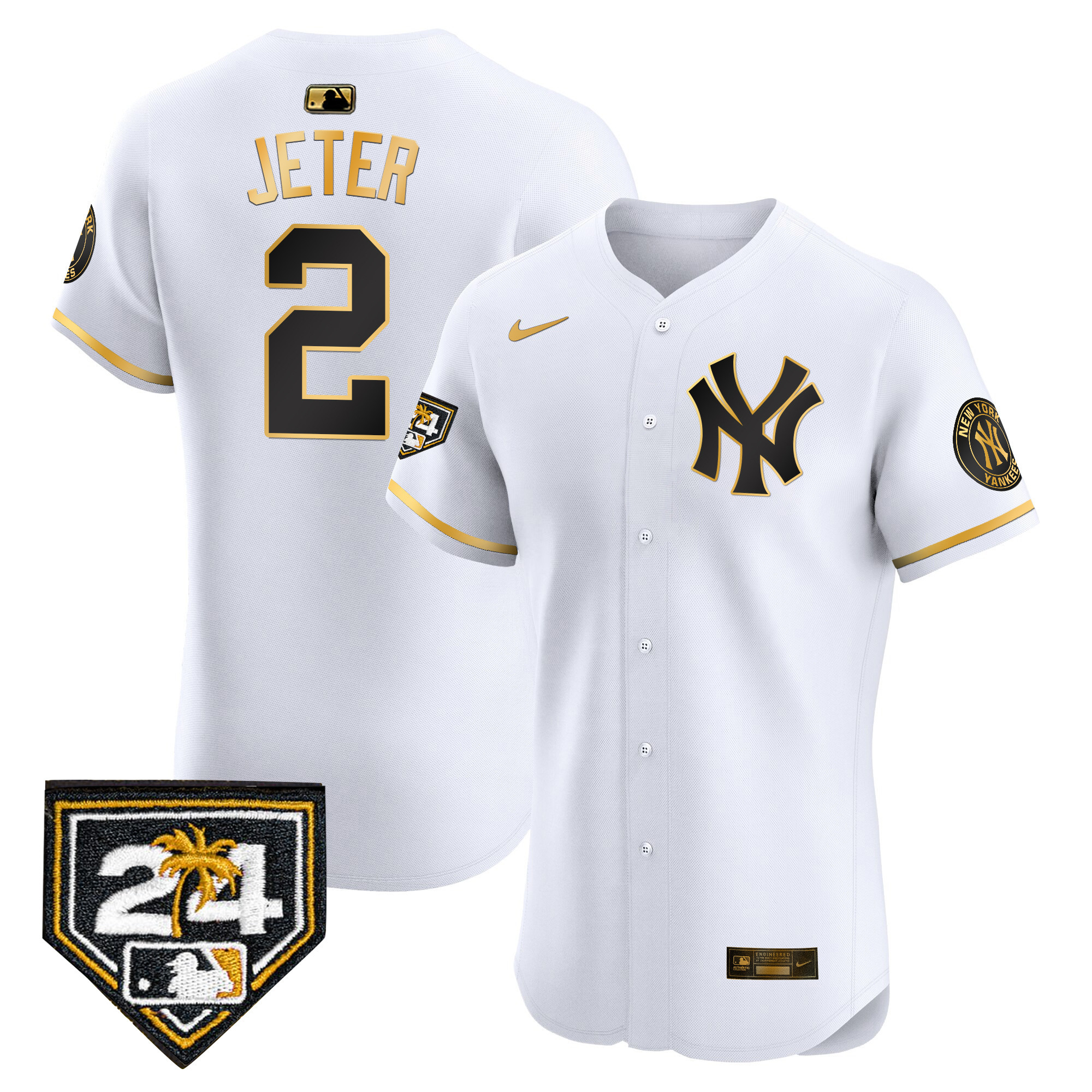 Derek Jeter Men's New York Yankees 2024 Spring Training Patch Vapor Premier Elite V2 White Gold Jersey - All Stitched