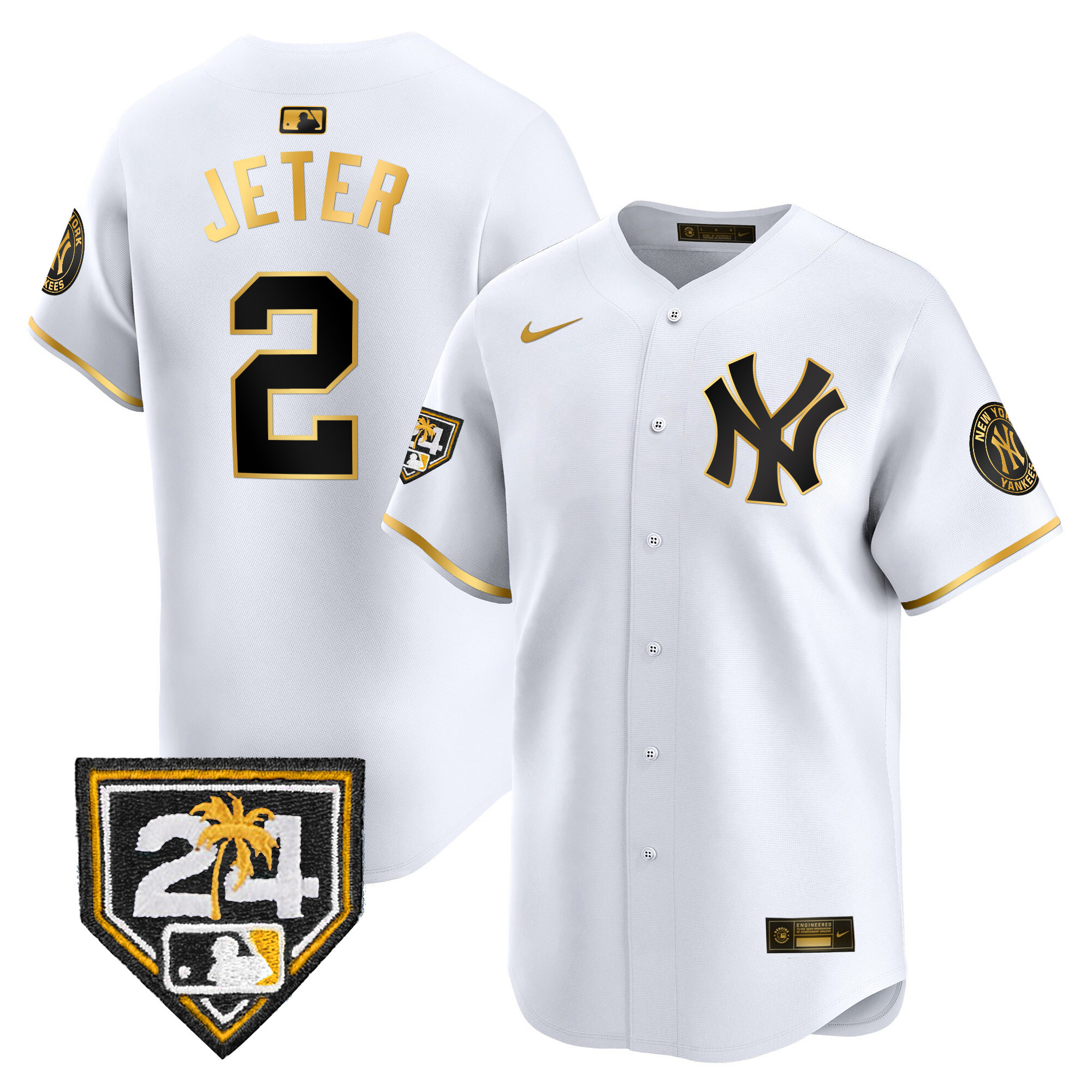 Derek Jeter Men's New York Yankees 2024 Spring Training Patch Vapor Premier Limited V2 White Gold Jersey - All Stitched