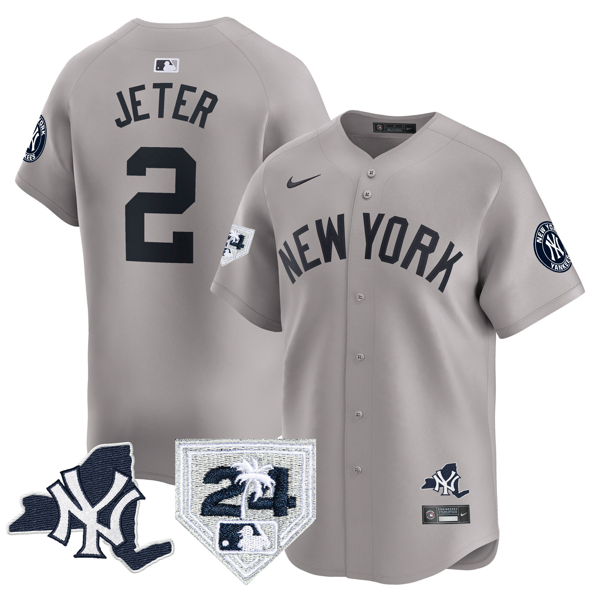 Derek Jeter Men's New York Yankees Vapor Premier Limited - New York Patch Gray Jersey - All Stitched