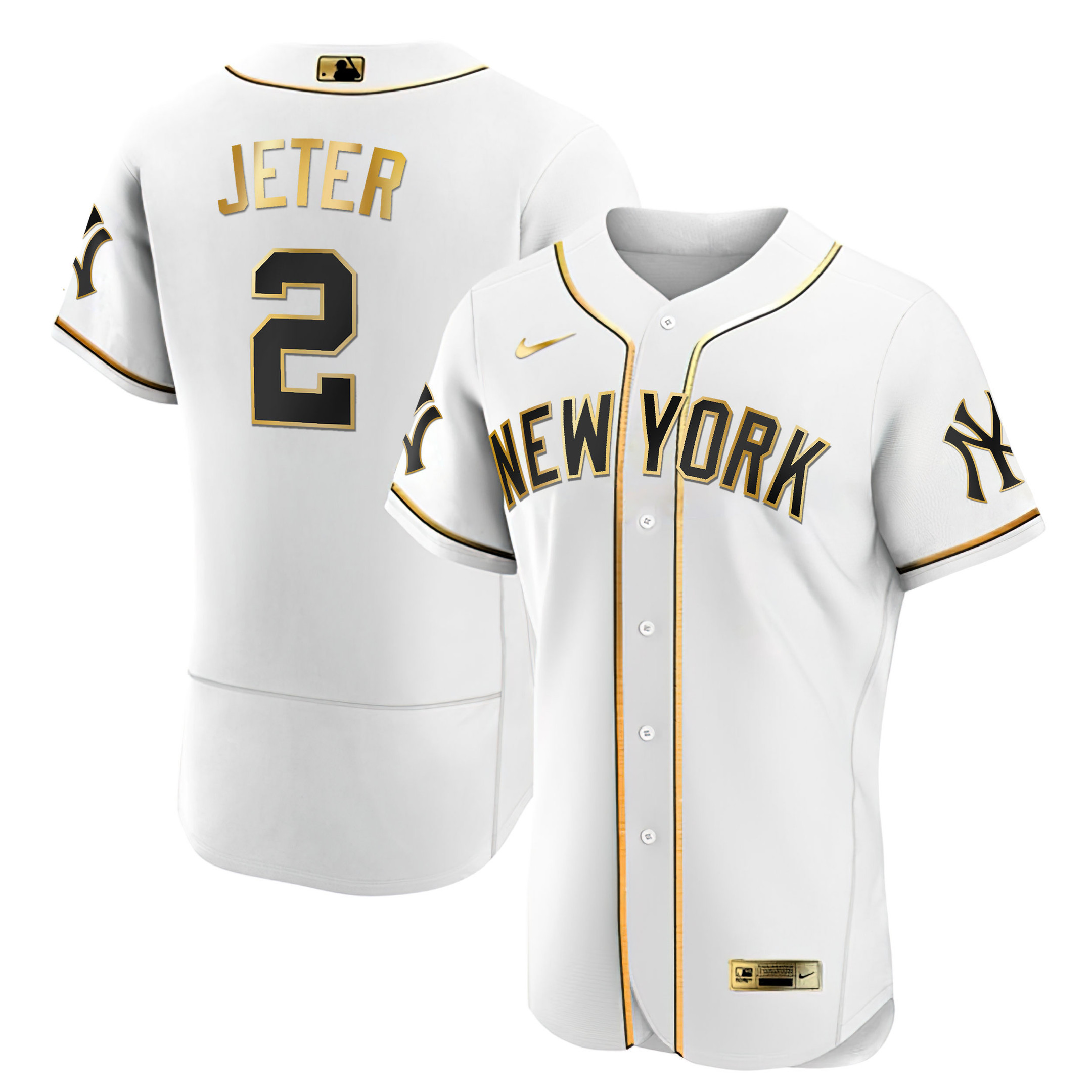 Derek Jeter Men's New York Yankees White Gold & Black Gold Flex White Jersey - All Stitched