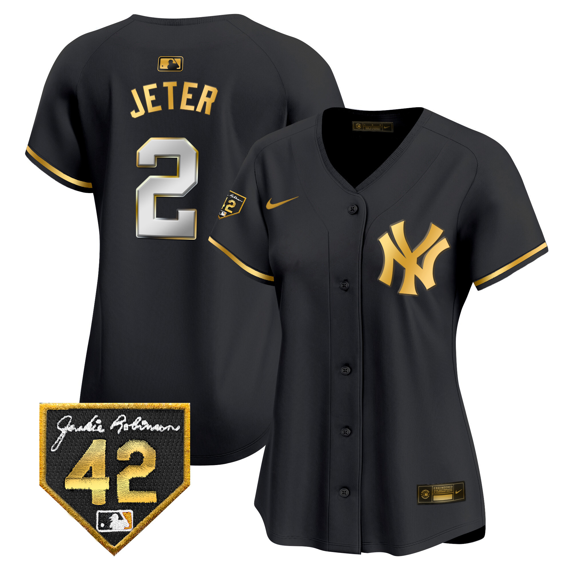 Derek Jeter Women's New York Yankees 2024 Jackie Robinson Patch Vapor Premier Limited Black Gold Jersey - All Stitched