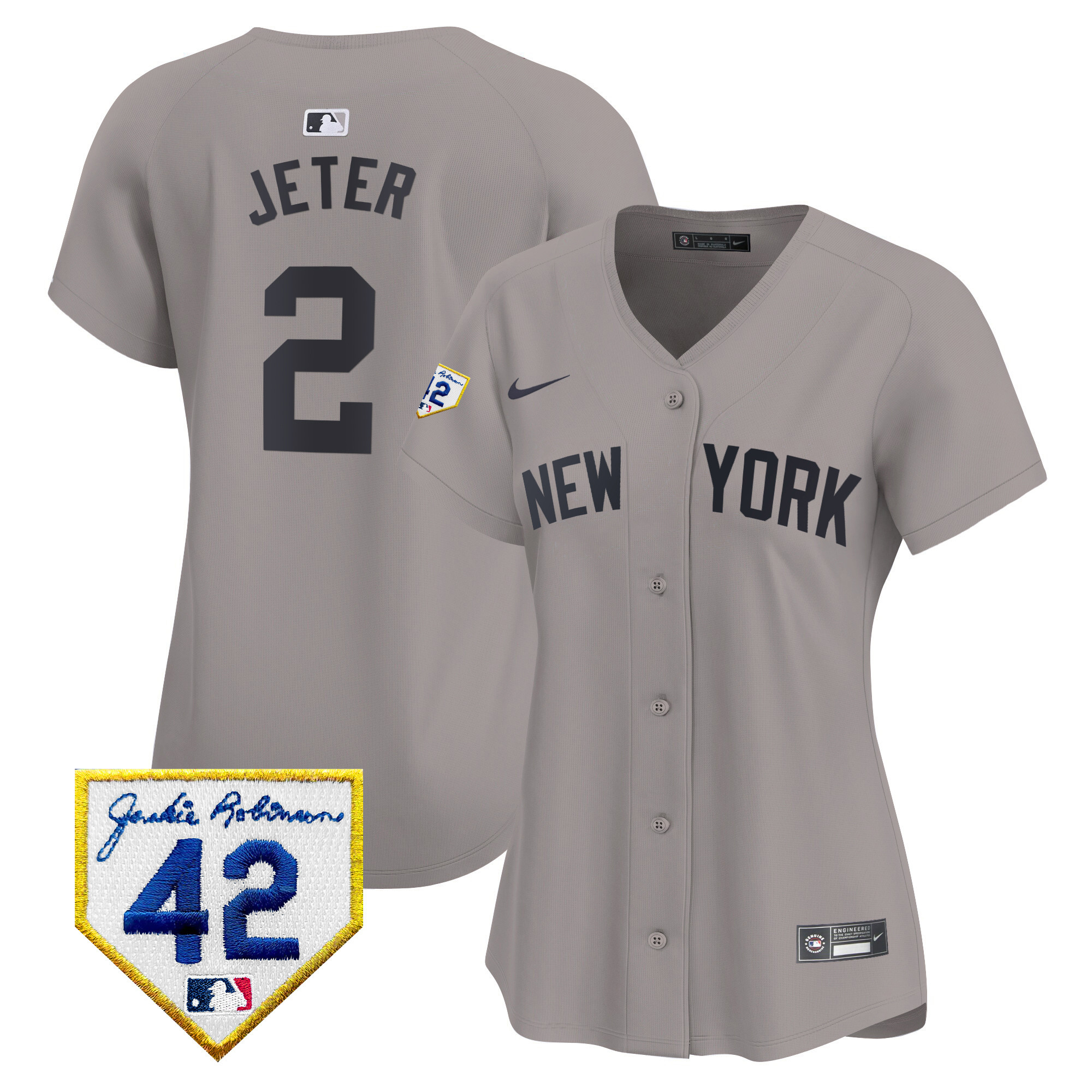 Derek Jeter Women's New York Yankees 2024 Jackie Robinson Patch Vapor Premier Limited Gray Jersey - All Stitched