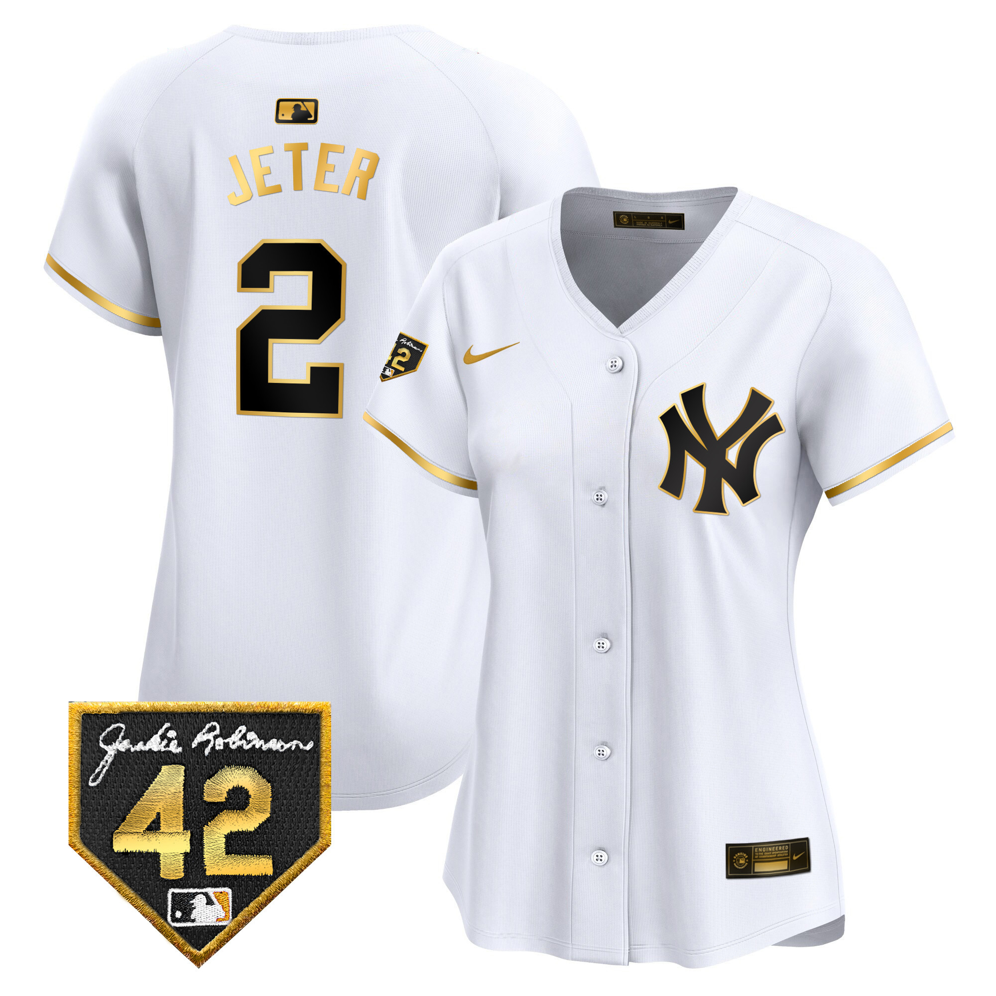 Derek Jeter Women's New York Yankees 2024 Jackie Robinson Patch Vapor Premier Limited White Gold Jersey - All Stitched