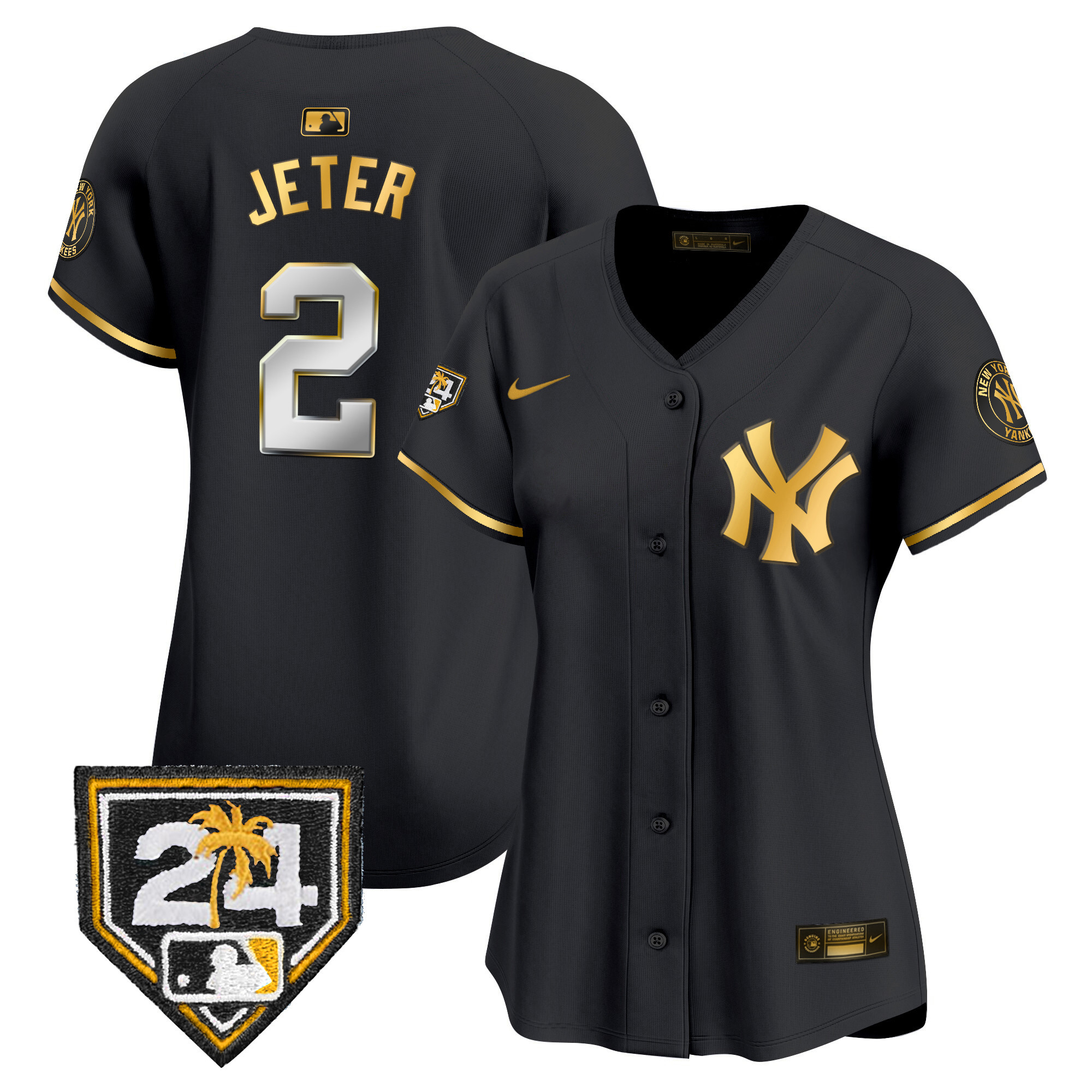 Derek Jeter Women's New York Yankees 2024 Spring Training Patch Vapor Premier Limited V2 Black Gold Jersey - All Stitched