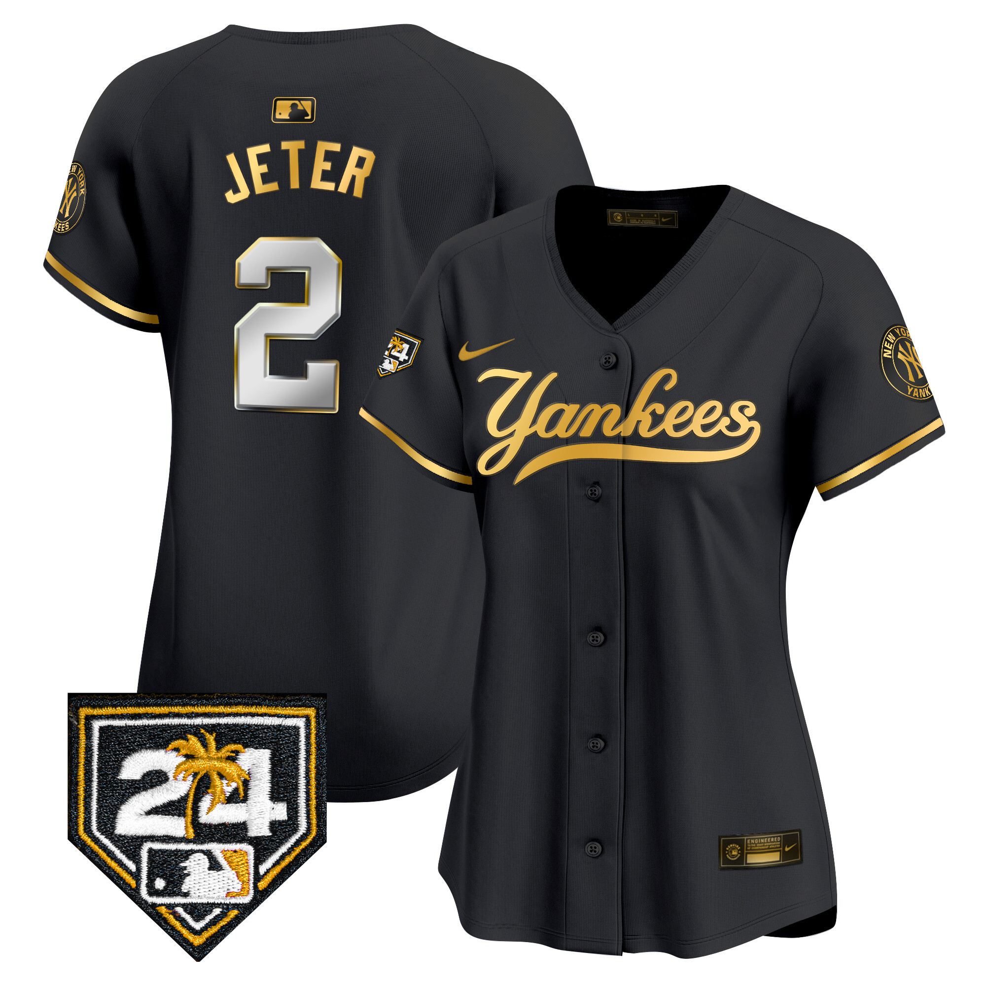Derek Jeter Women's New York Yankees 2024 Spring Training Patch Vapor Premier Limited V6 Black Gold Jersey - All Stitched