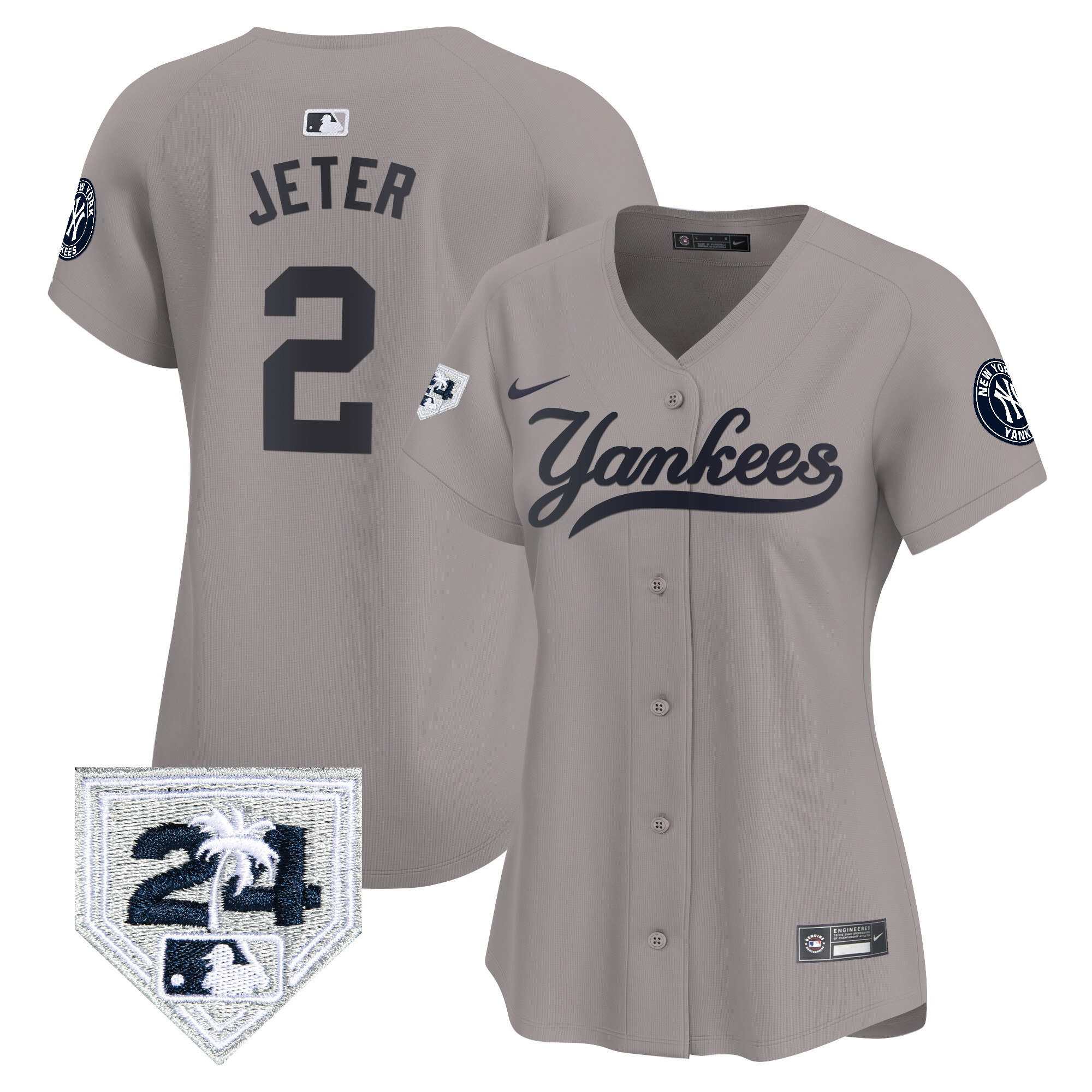 Derek Jeter Women's New York Yankees 2024 Spring Training Patch Vapor Premier Limited V6 Gray Jersey - All Stitched