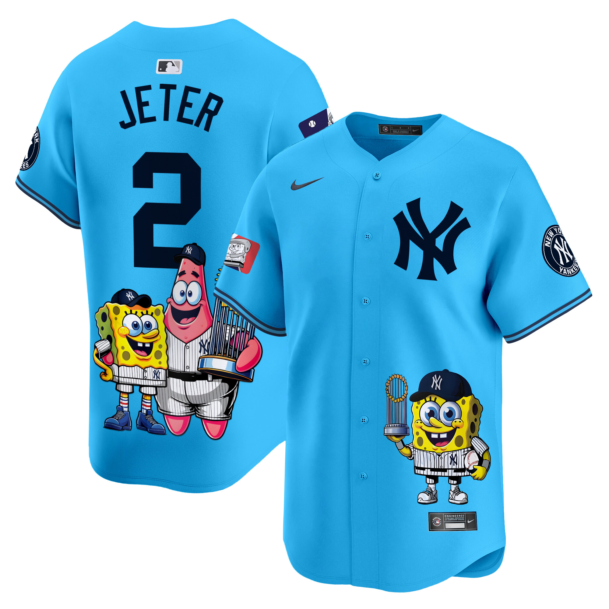 Derek JeterUnisex New York Yankees SpongeBob SquarePants Vapor Premier Limited Light Blue Jersey - Printed