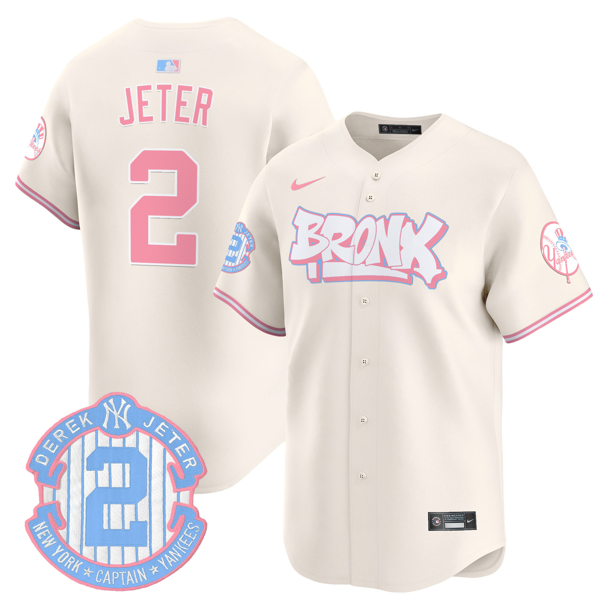 Derek JeterUnisex New York Yankees The Bronx Graffiti Bubblegum Pink Vapor Premier Limited Cream Jersey V2 - All Stitched