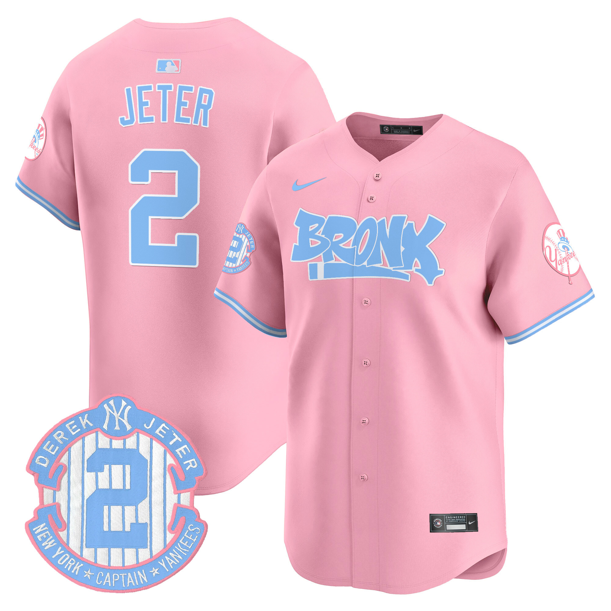 Derek JeterUnisex New York Yankees The Bronx Graffiti Bubblegum Pink Vapor Premier Limited Pink Jersey - All Stitched