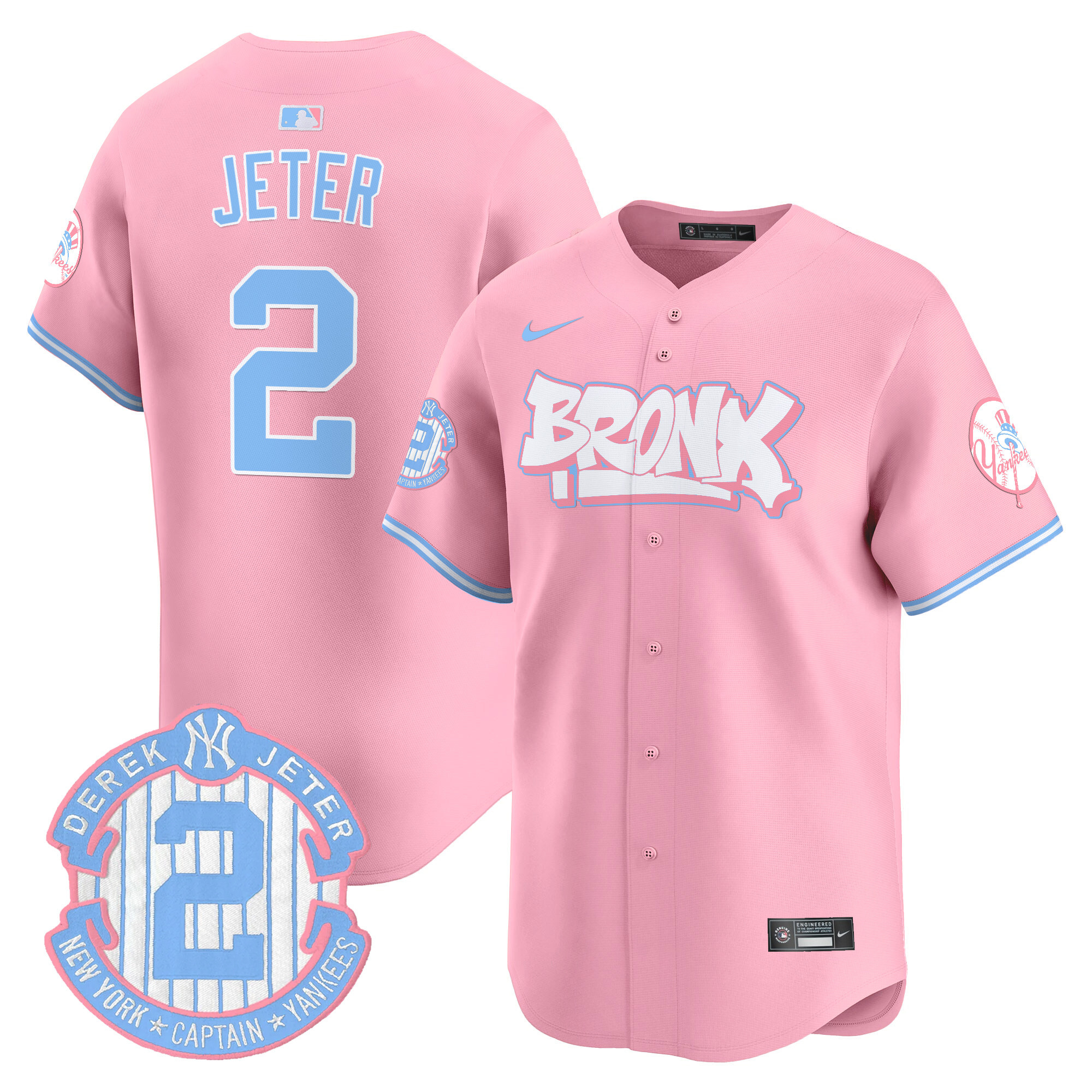 Derek JeterUnisex New York Yankees The Bronx Graffiti Bubblegum Pink Vapor Premier Limited Pink Jersey V2 - All Stitched