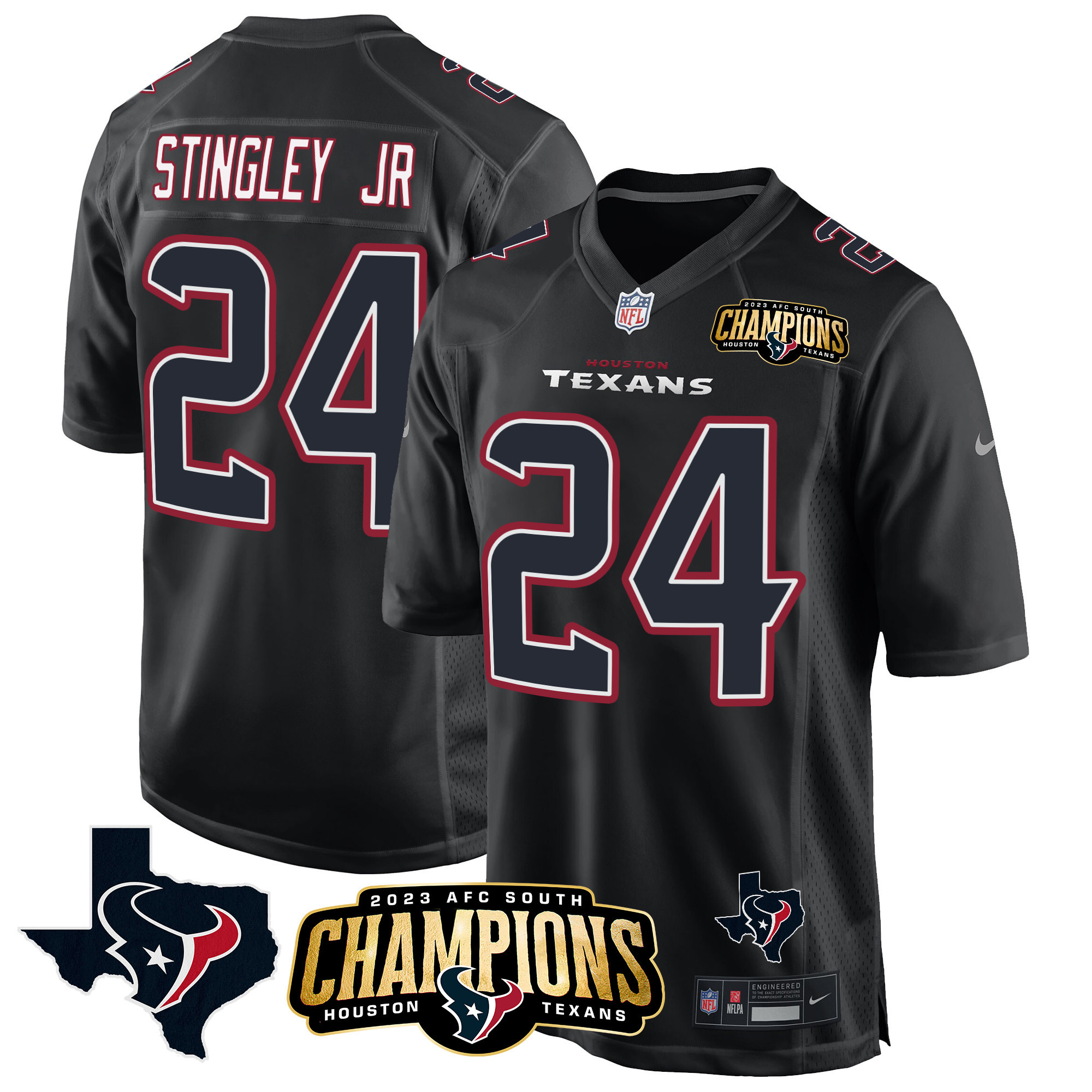 Derek Stingley Jr. Men's Houston Texans 2023 AFC South Champions Patch Game Black Jersey - All Stitched 