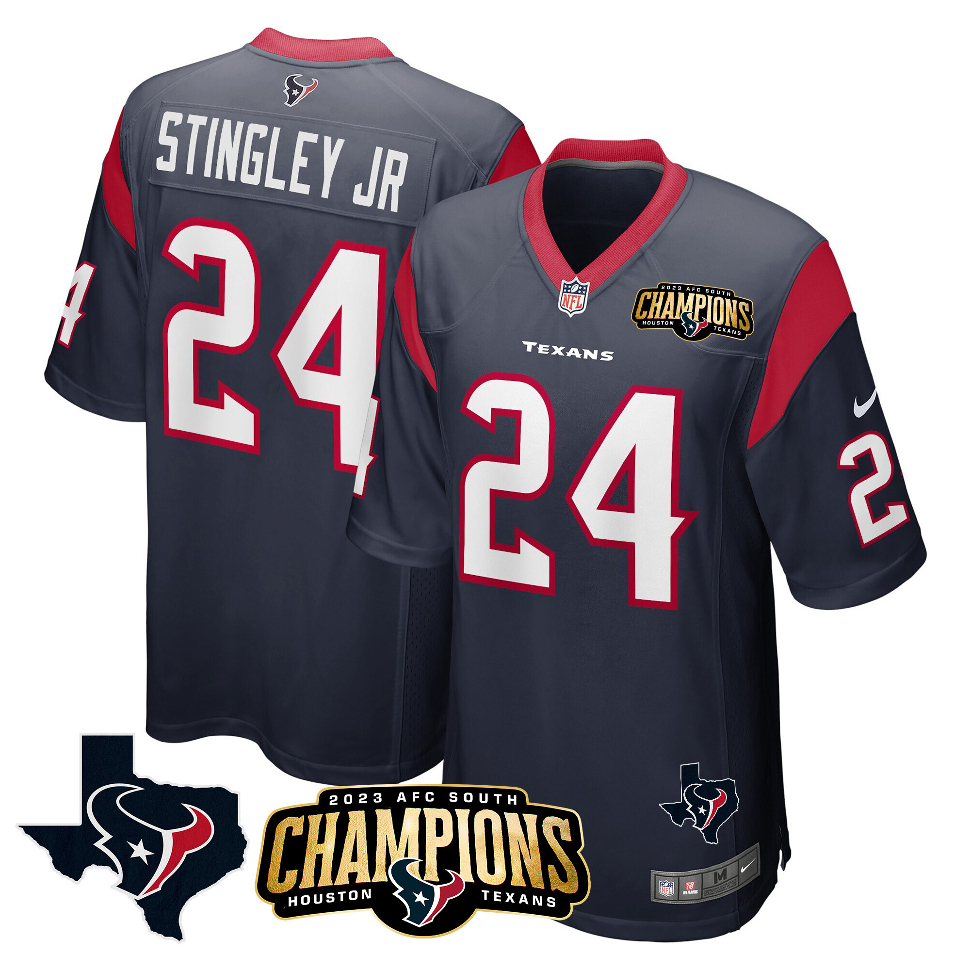 Derek Stingley Jr. Men's Houston Texans 2023 AFC South Champions Patch Game Navy Jersey - All Stitched 