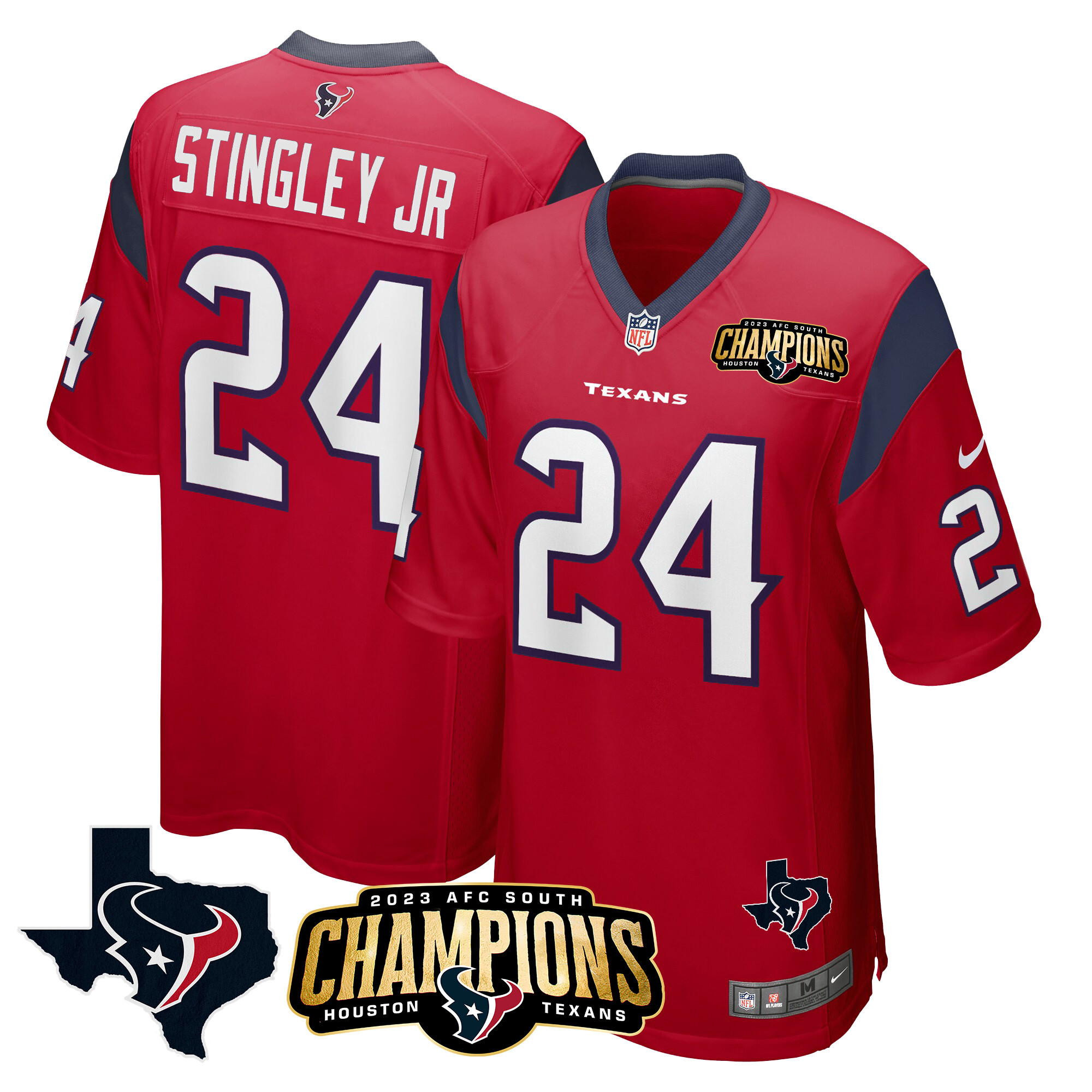 Derek Stingley Jr. Men's Houston Texans 2023 AFC South Champions Patch Game Red Jersey - All Stitched 