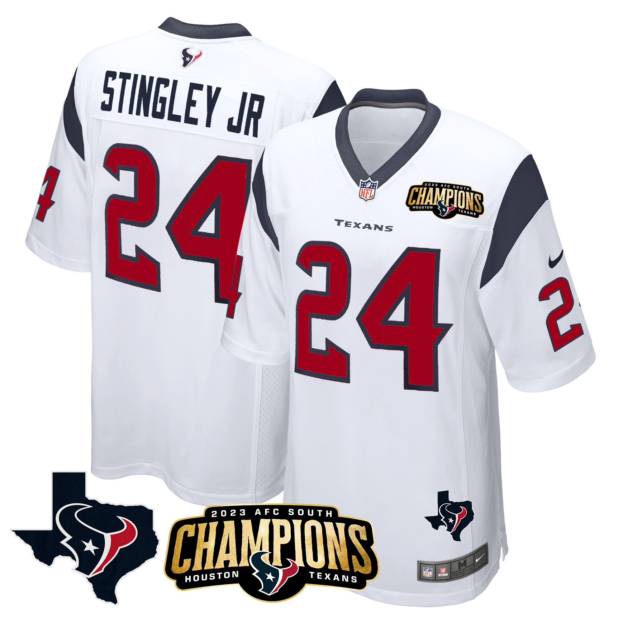 Derek Stingley Jr. Men's Houston Texans 2023 AFC South Champions Patch Game White Jersey - All Stitched 