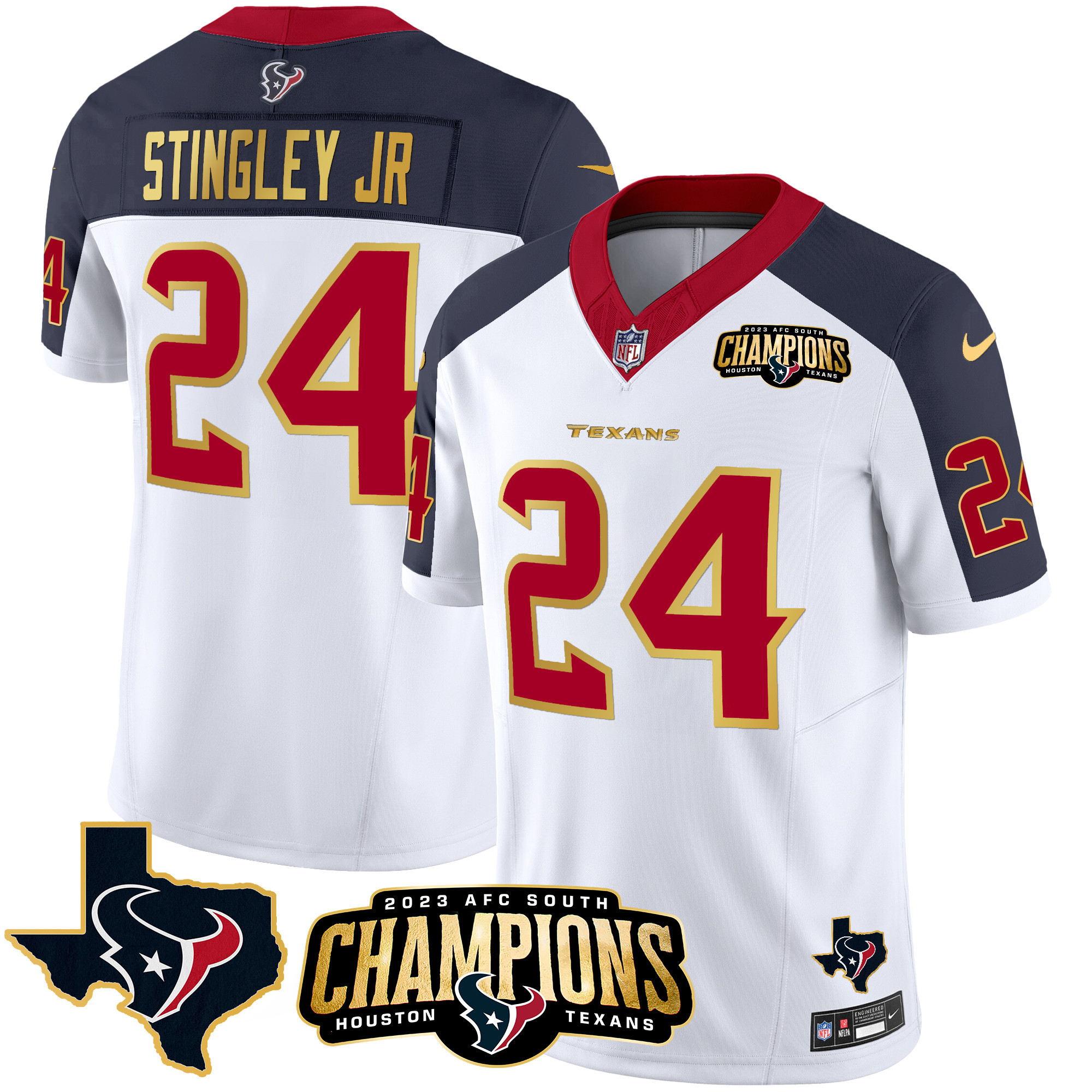 Derek Stingley Jr. Men's Houston Texans 2023 AFC South Champions Patch Gold Trim Vapor Inverted Jersey - All Stitched 