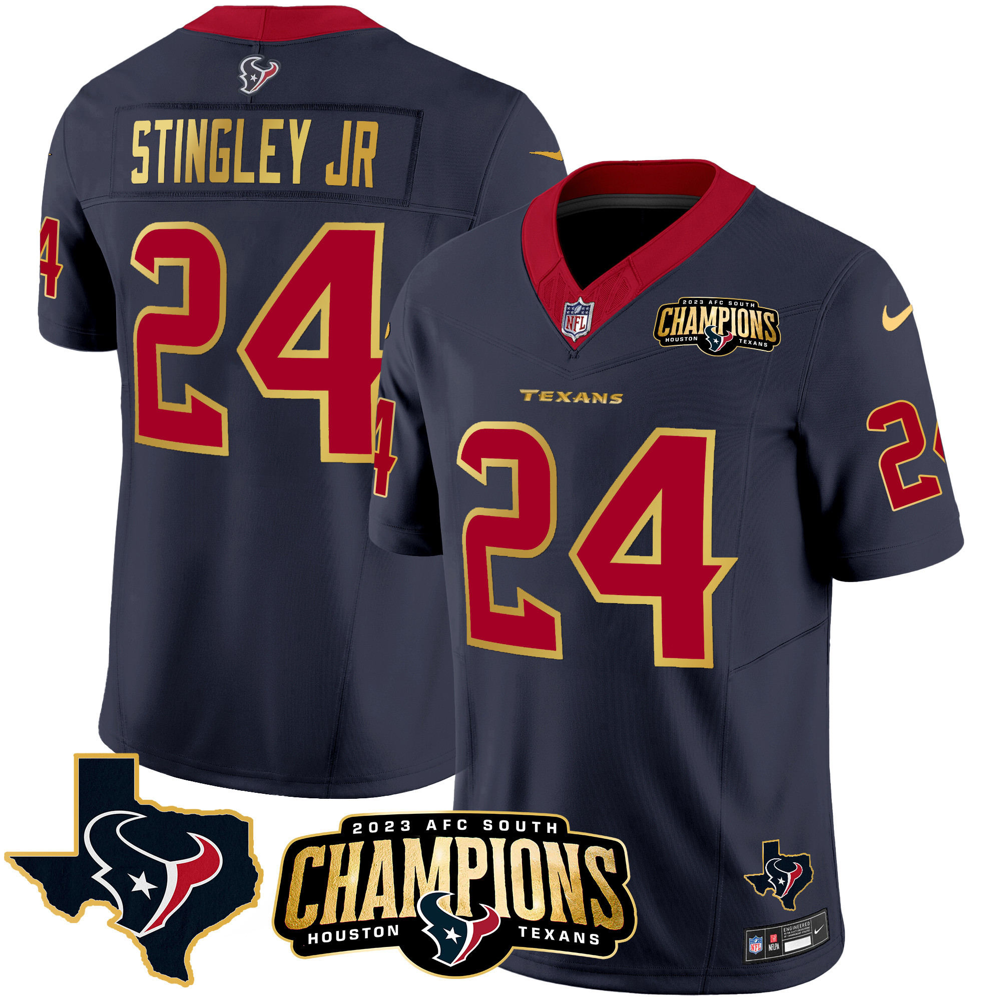 Derek Stingley Jr. Men's Houston Texans 2023 AFC South Champions Patch Gold Trim Vapor Navy Jersey - All Stitched 