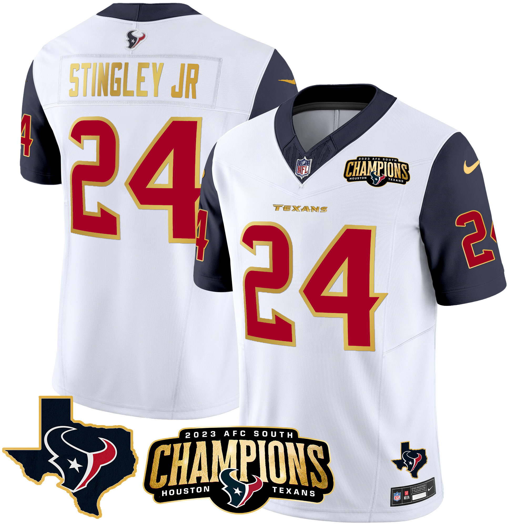 Derek Stingley Jr. Men's Houston Texans 2023 AFC South Champions Patch Gold Trim Vapor Navy Sleeves Jersey - All Stitched 