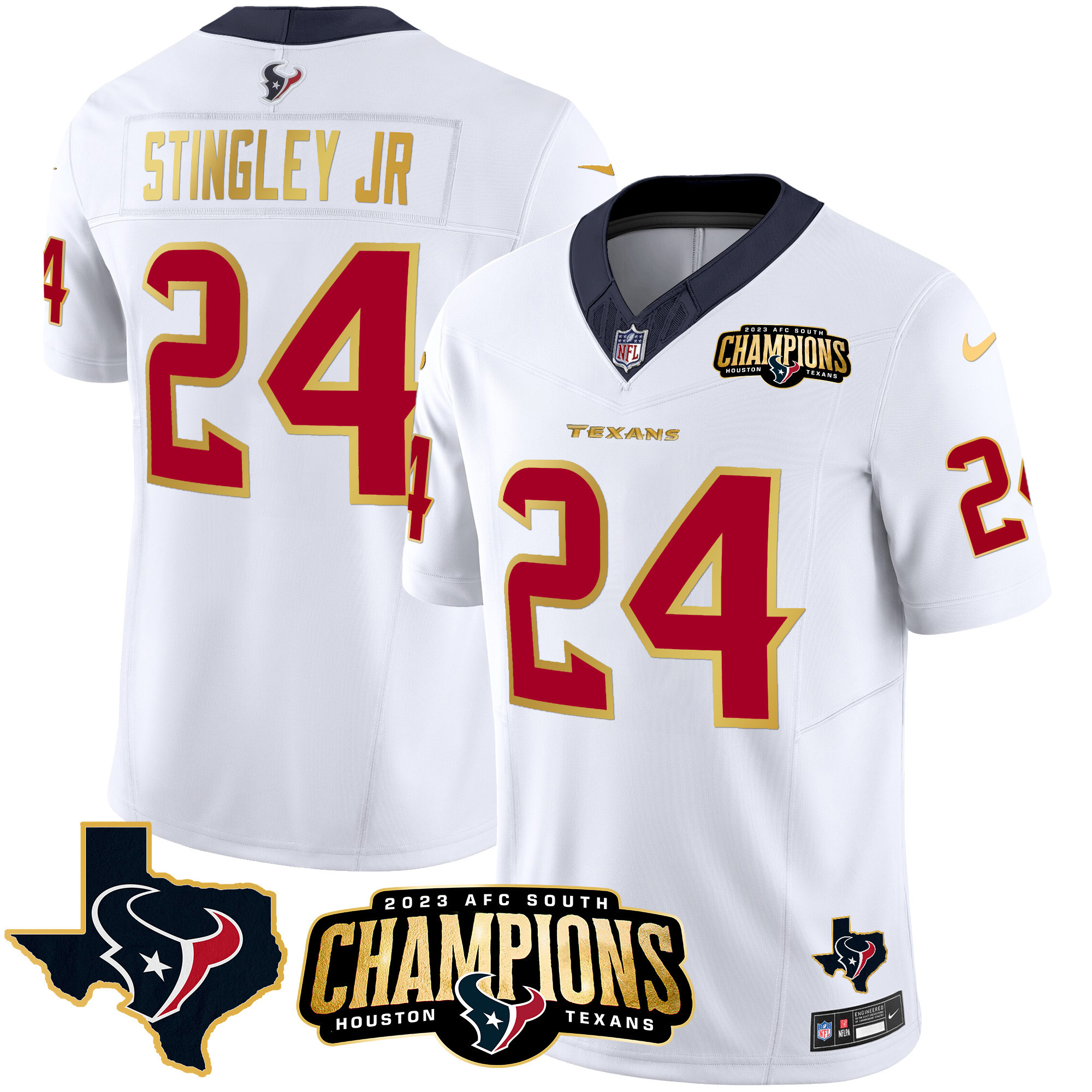 Derek Stingley Jr. Men's Houston Texans 2023 AFC South Champions Patch Gold Trim Vapor White Jersey - All Stitched 