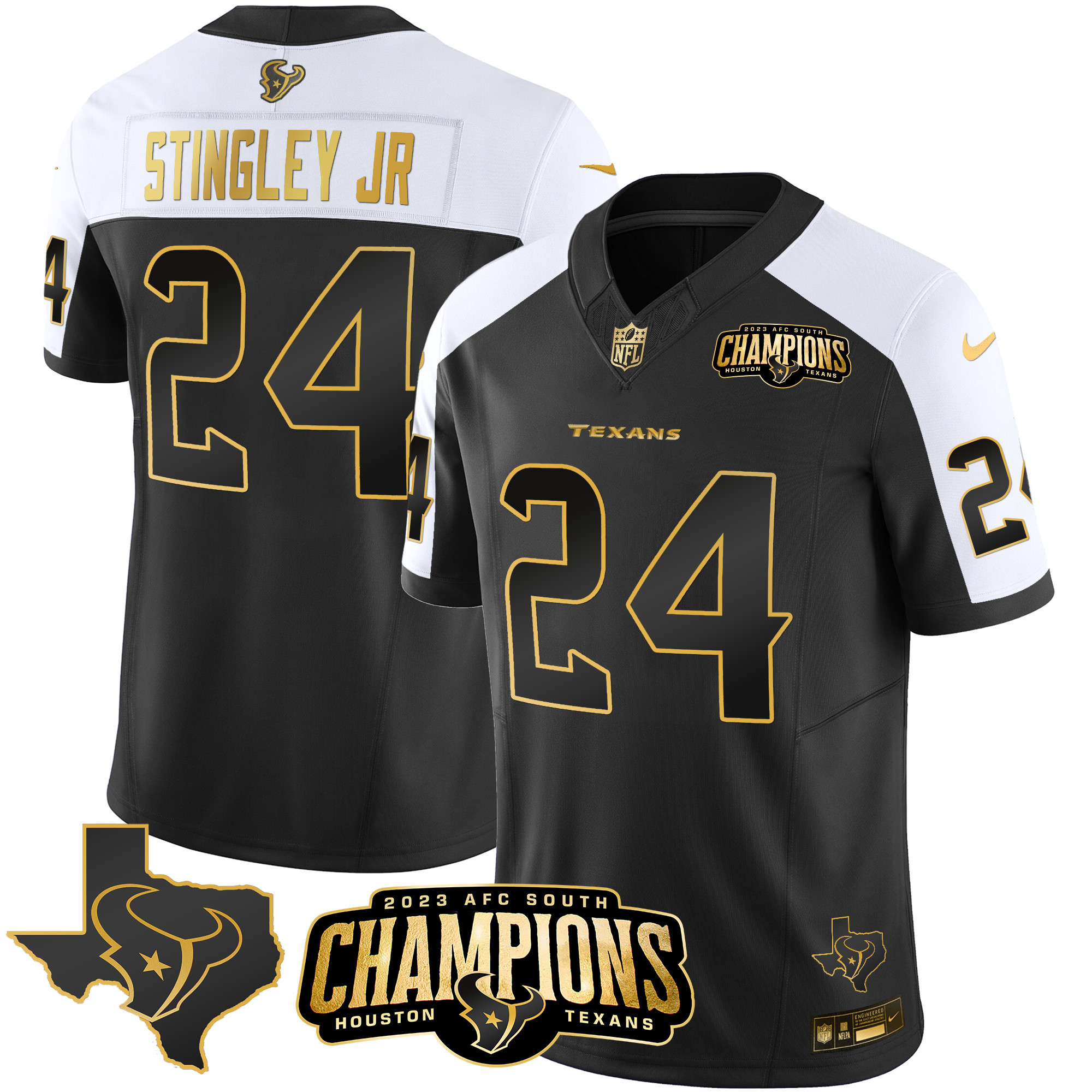 Derek Stingley Jr. Men's Houston Texans 2023 AFC South Champions Patch Gold Vapor Alternate Gold Jersey - All Stitched 
