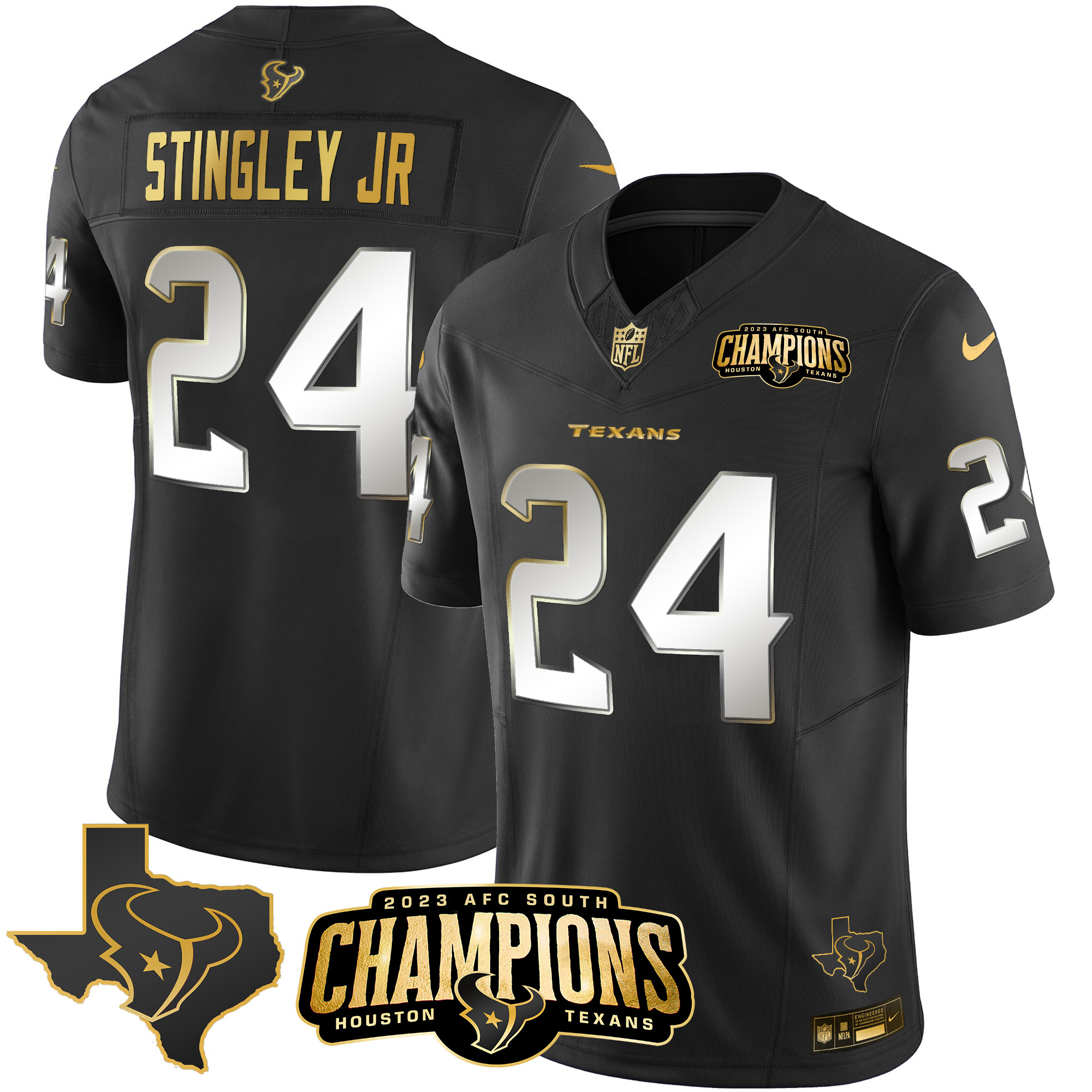 Derek Stingley Jr. Men's Houston Texans 2023 AFC South Champions Patch Gold Vapor Black Limited Jersey - All Stitched 