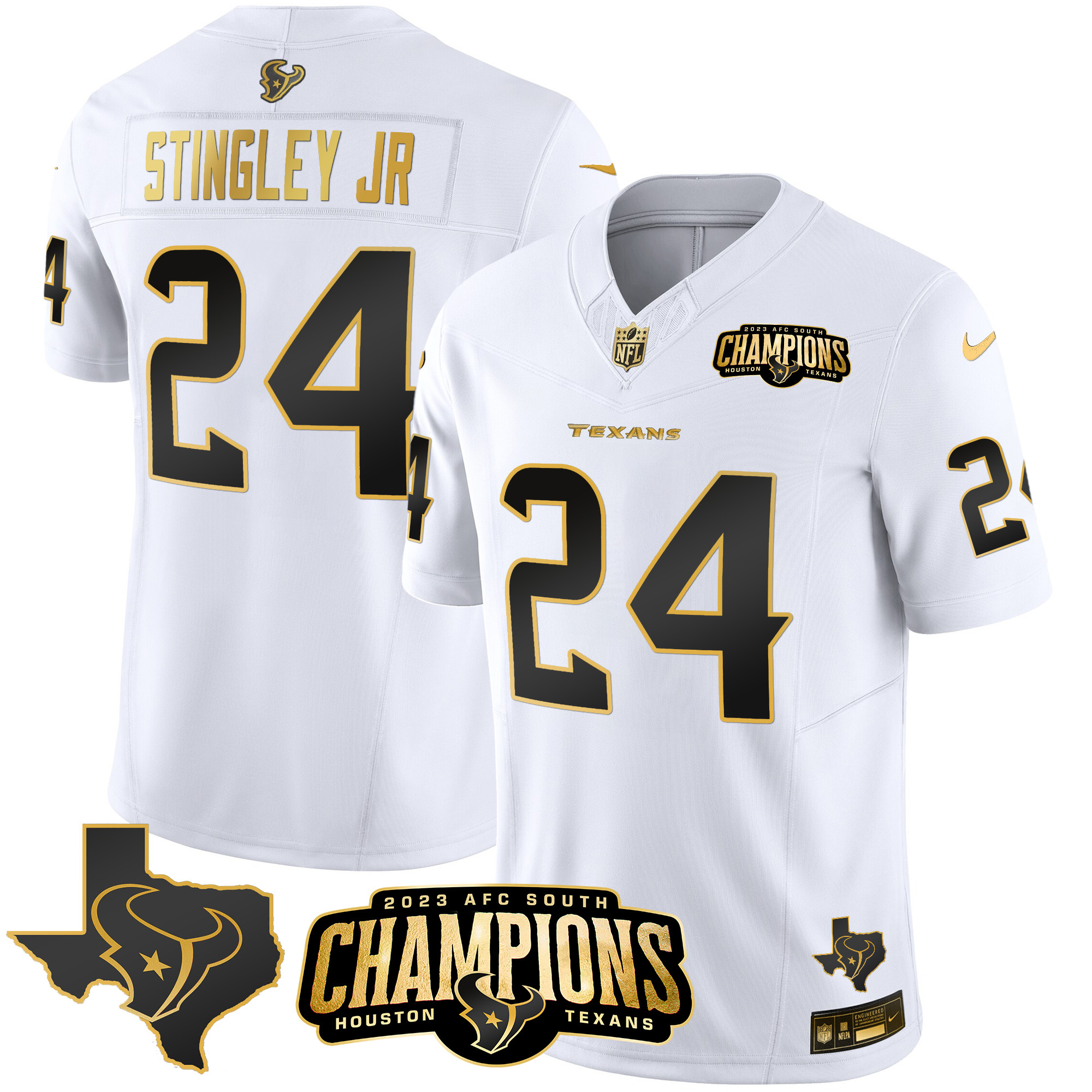 Derek Stingley Jr. Men's Houston Texans 2023 AFC South Champions Patch Gold Vapor White Gold Jersey - All Stitched 