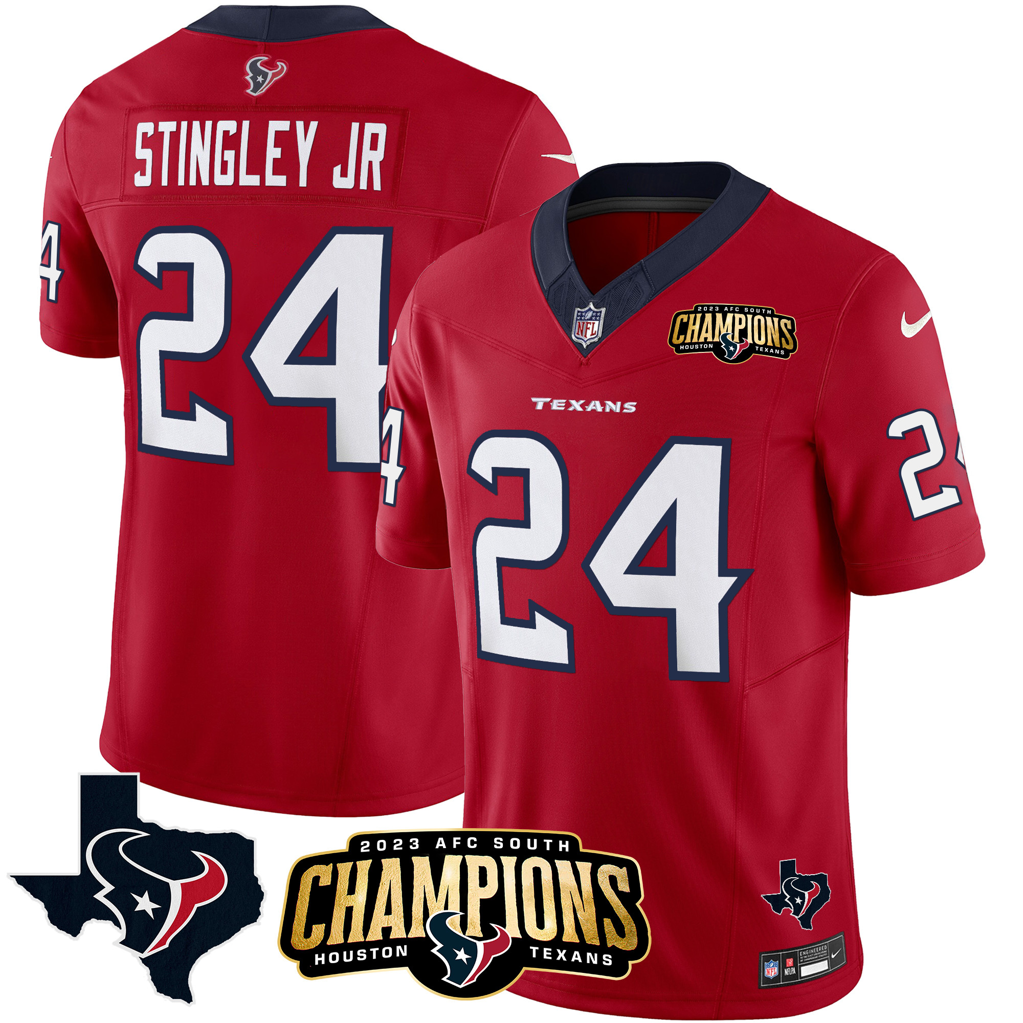 Derek Stingley Jr. Men's Houston Texans 2023 AFC South Champions Patch Vapor Red Jersey - All Stitched 