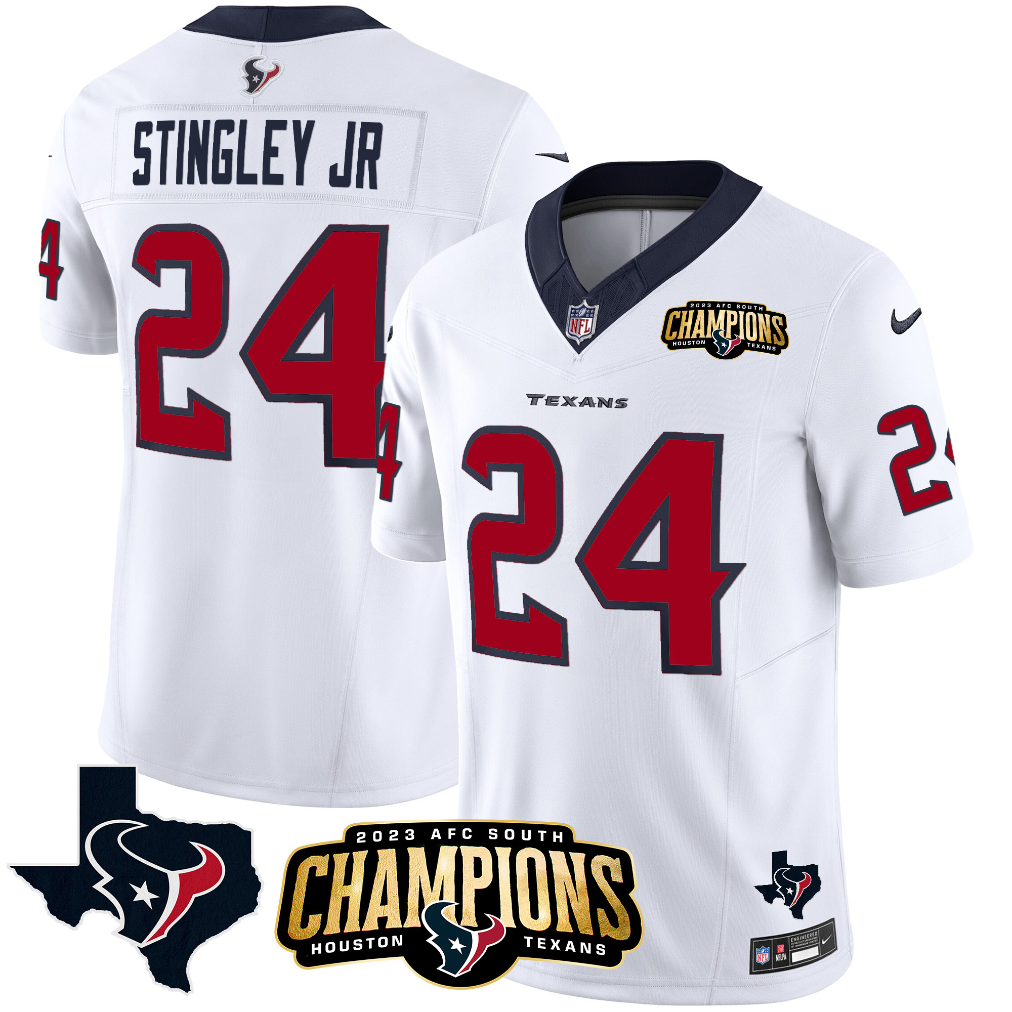 Derek Stingley Jr. Men's Houston Texans 2023 AFC South Champions Patch Vapor White Jersey - All Stitched 
