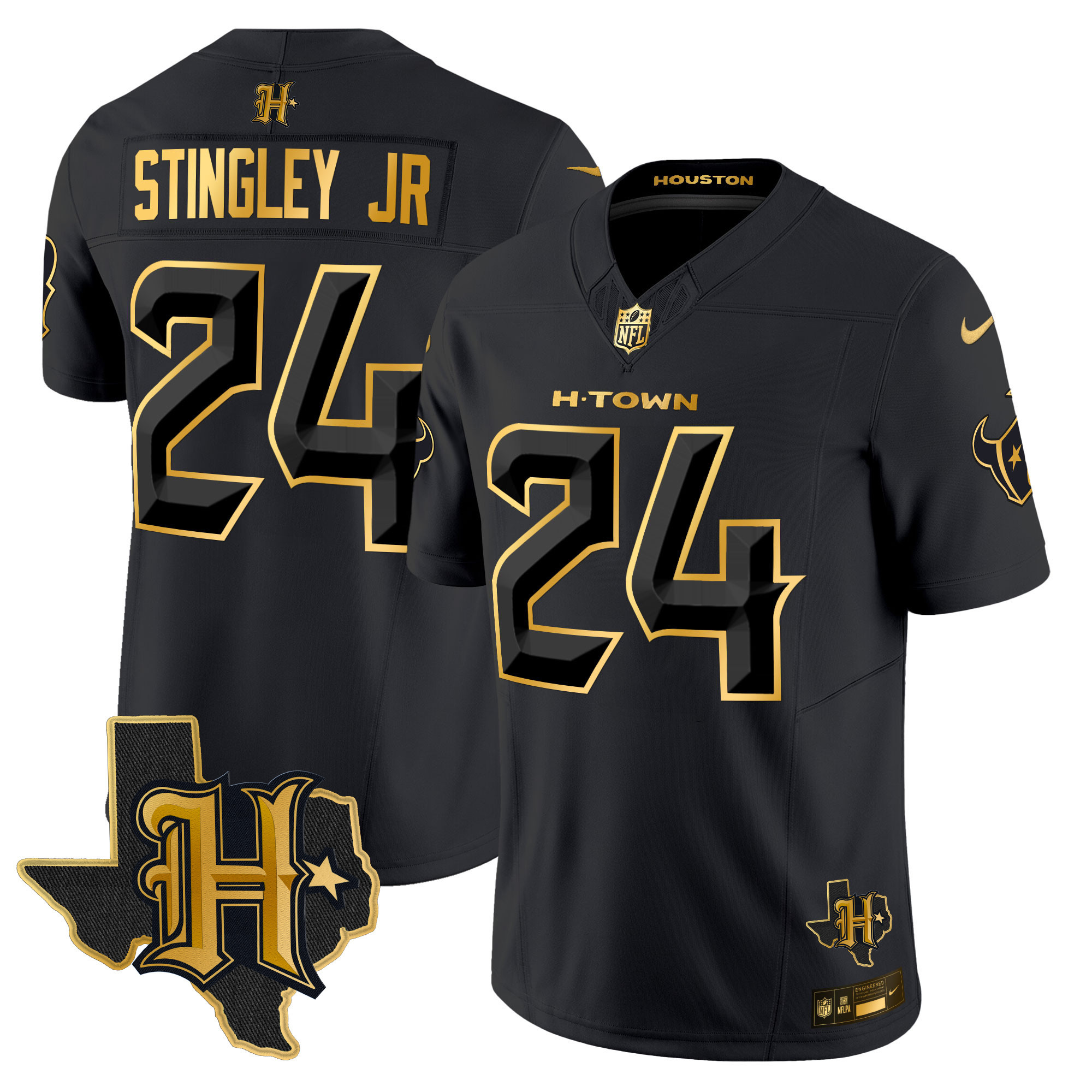 Derek Stingley Jr. Men's Houston Texans 2024 Texas Patch Gold Vapor Limited Black Gold Jersey - All Stitched 