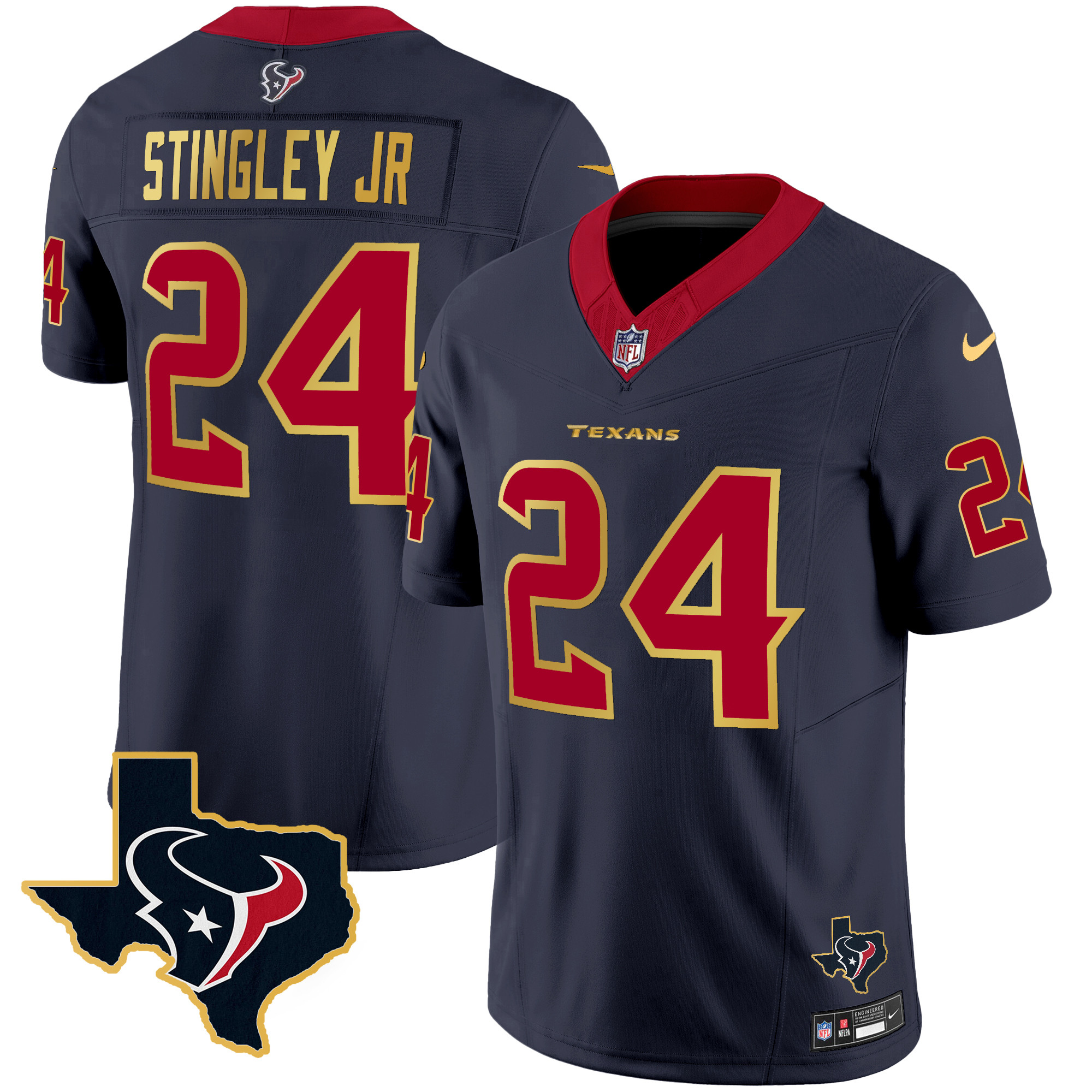 Derek Stingley Jr. Men's Houston Texans Gold Trim Vapor Navy Jersey - All Stitched 