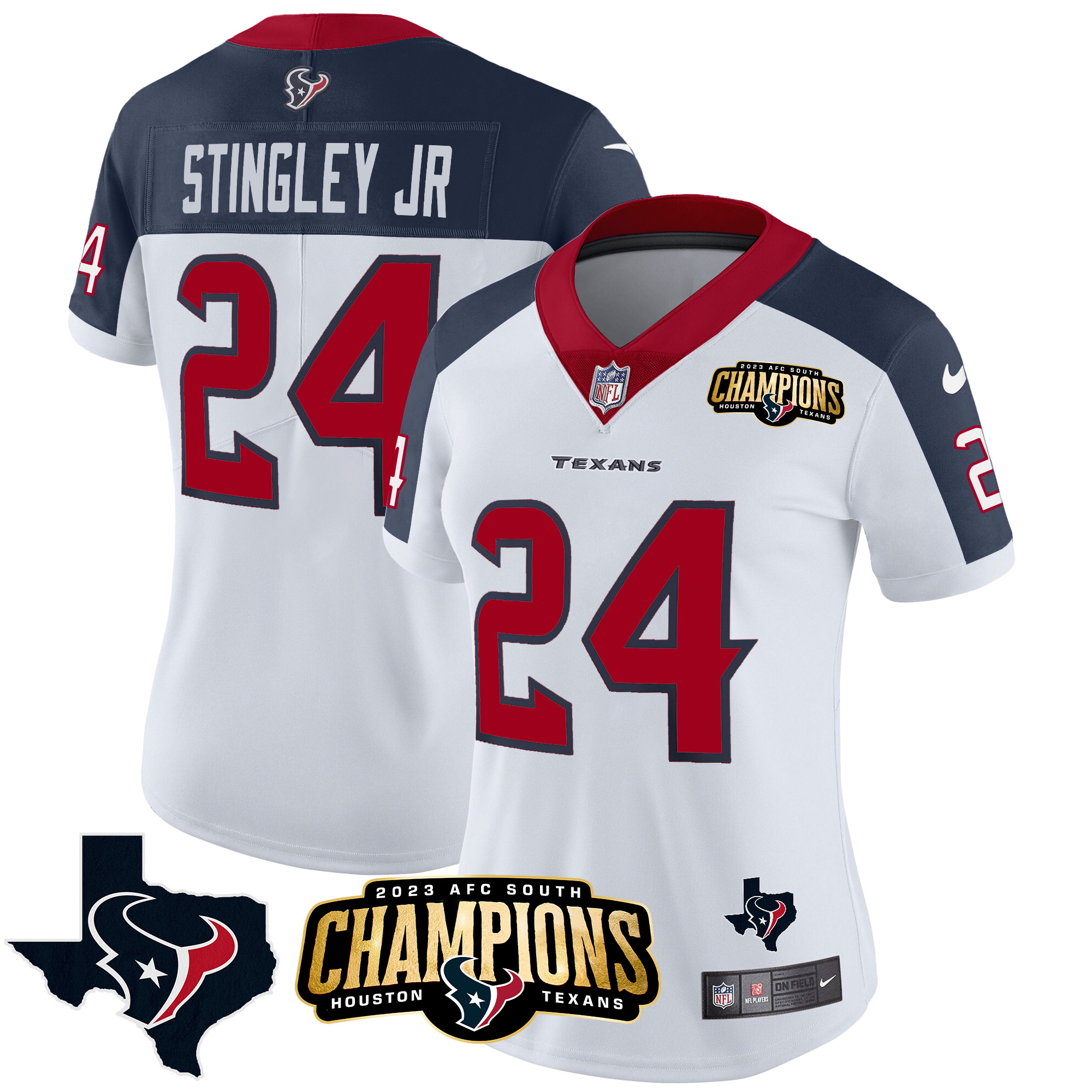 Derek Stingley Jr. Women's Houston Texans 2023 AFC South Champions Patch Vapor Inverted Jersey - All Stitched 