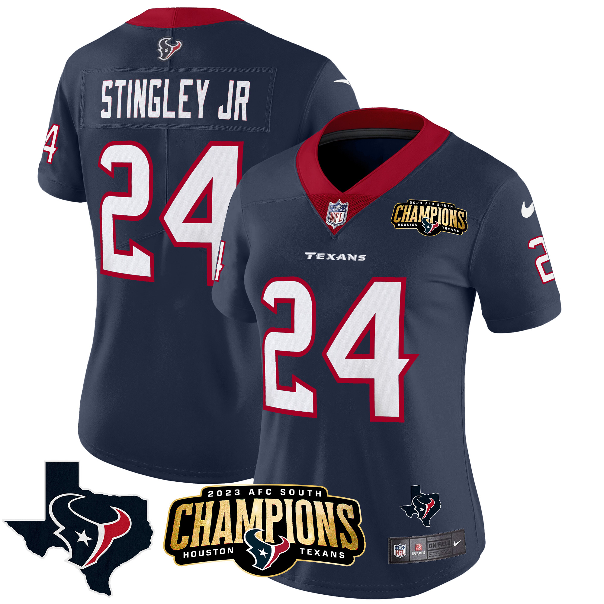 Derek Stingley Jr. Women's Houston Texans 2023 AFC South Champions Patch Vapor Navy Jersey - All Stitched 