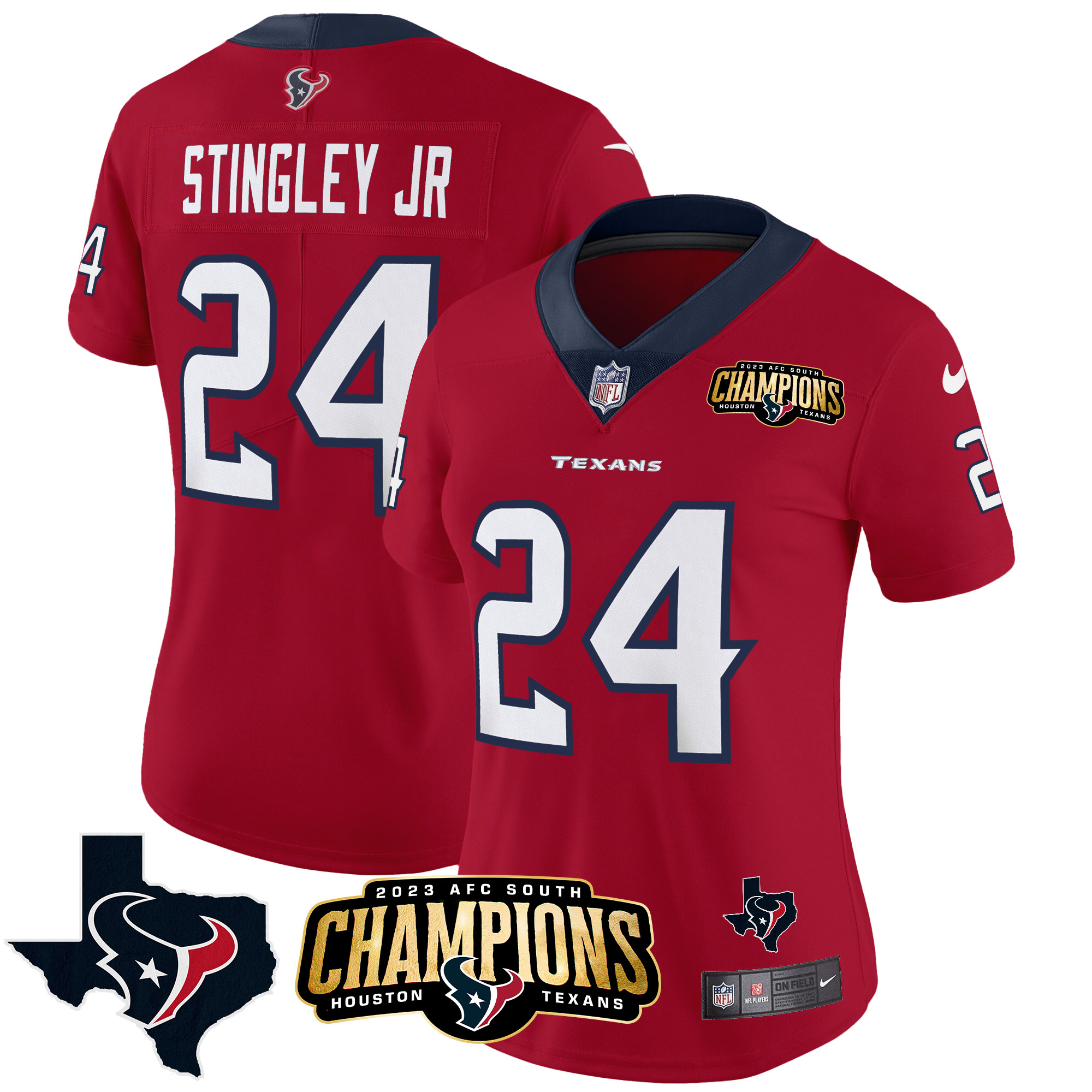 Derek Stingley Jr. Women's Houston Texans 2023 AFC South Champions Patch Vapor Red Jersey - All Stitched 