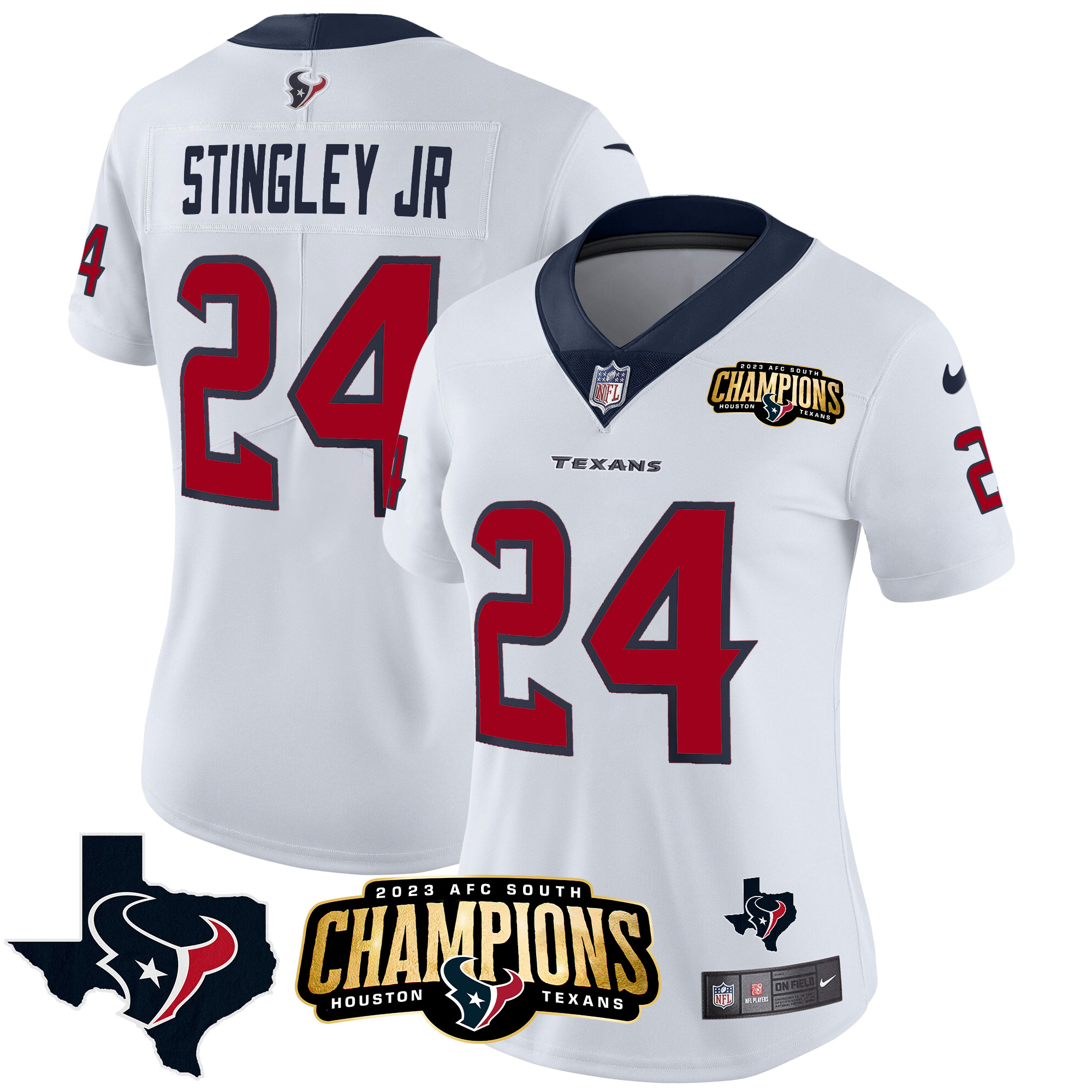 Derek Stingley Jr. Women's Houston Texans 2023 AFC South Champions Patch Vapor White Jersey - All Stitched 