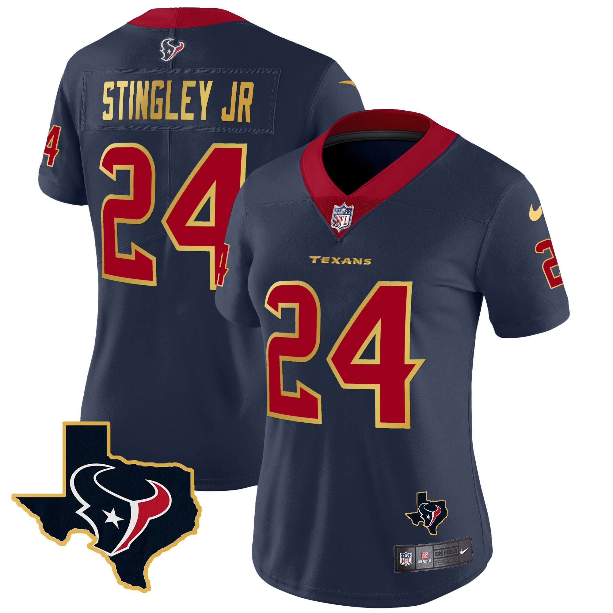 Derek Stingley Jr. Women's Houston Texans Gold Trim Vapor Navy Jersey - All Stitched 