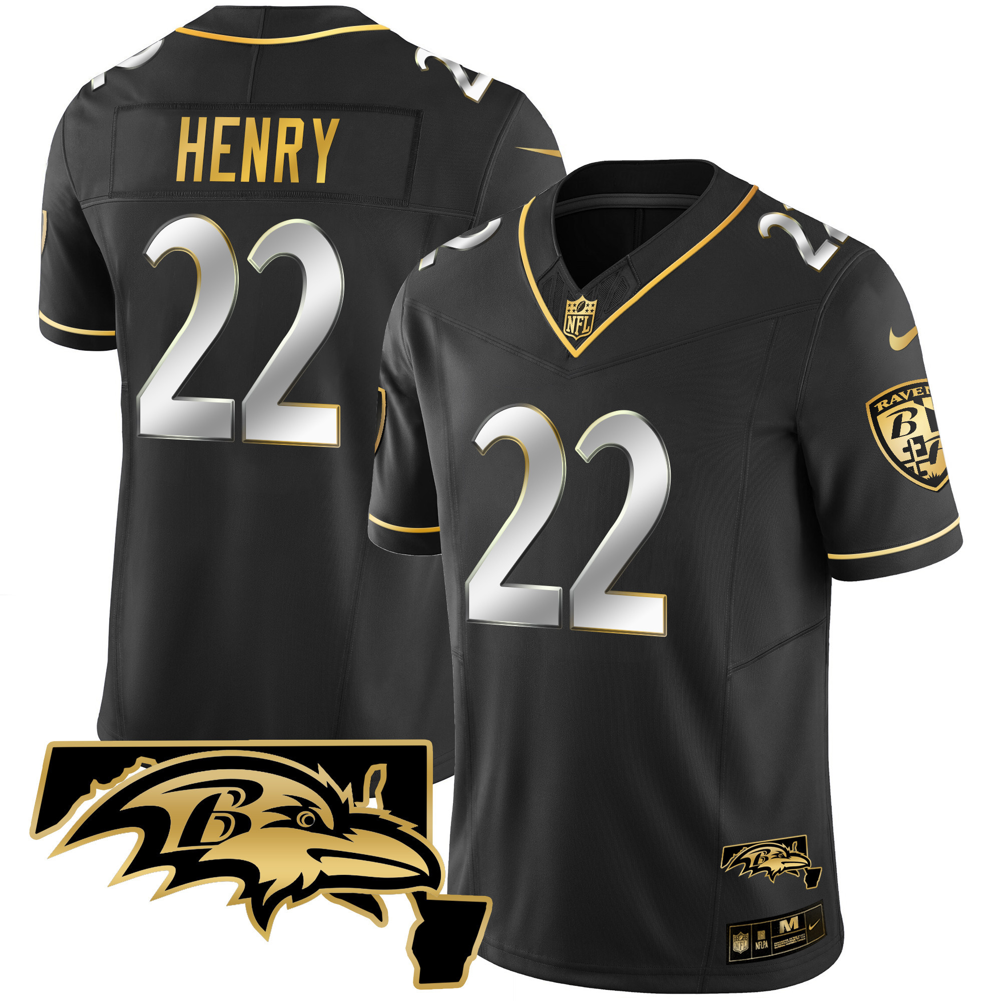 Derrick Henry Baltimore Ravens Maryland Patch Vapor Gold Black Limited Jersey All Stitched