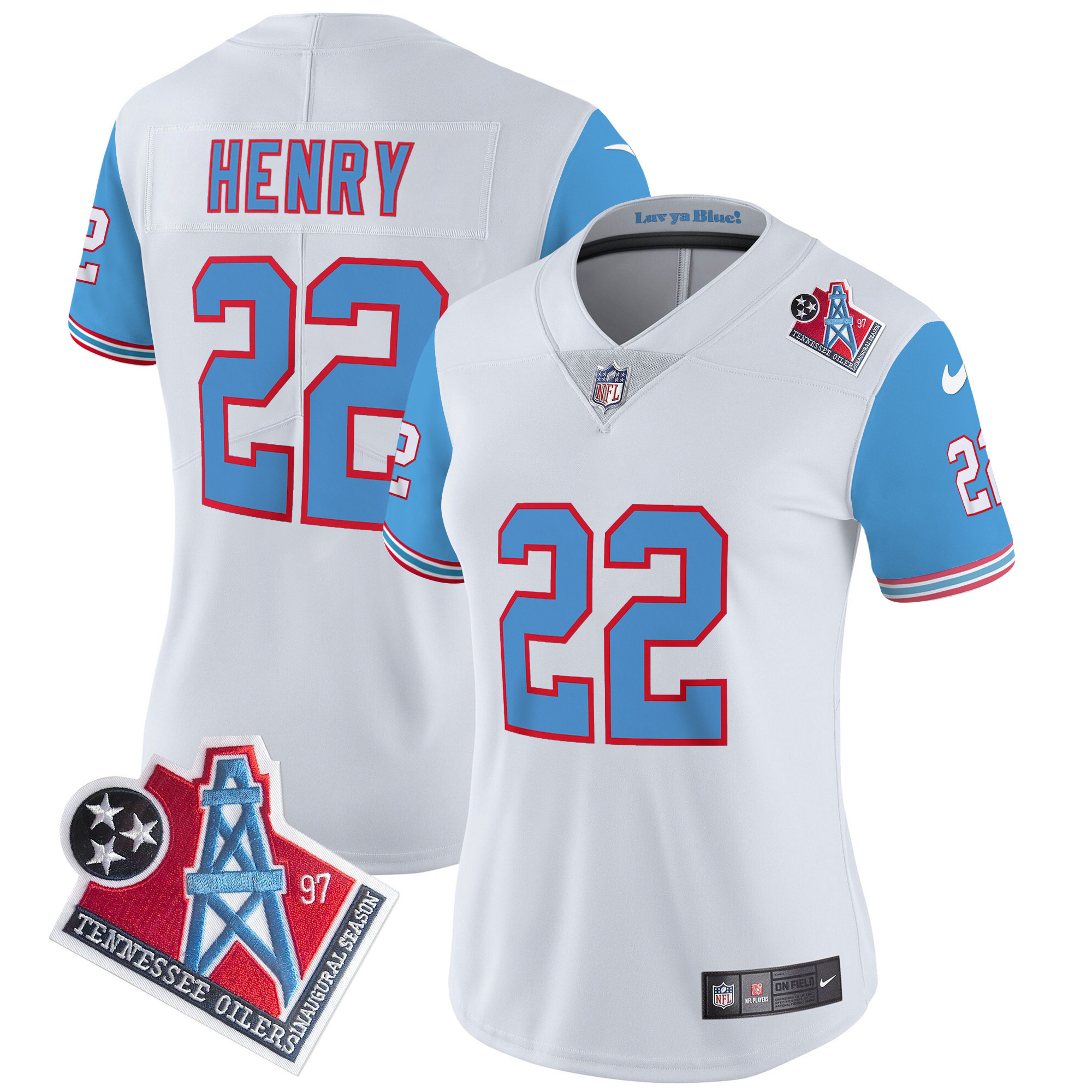 Derrick Henry Women's Tennessee Titans 1997 Throwback Limited Vapor Blue Sleeves Jersey - All Stitched 