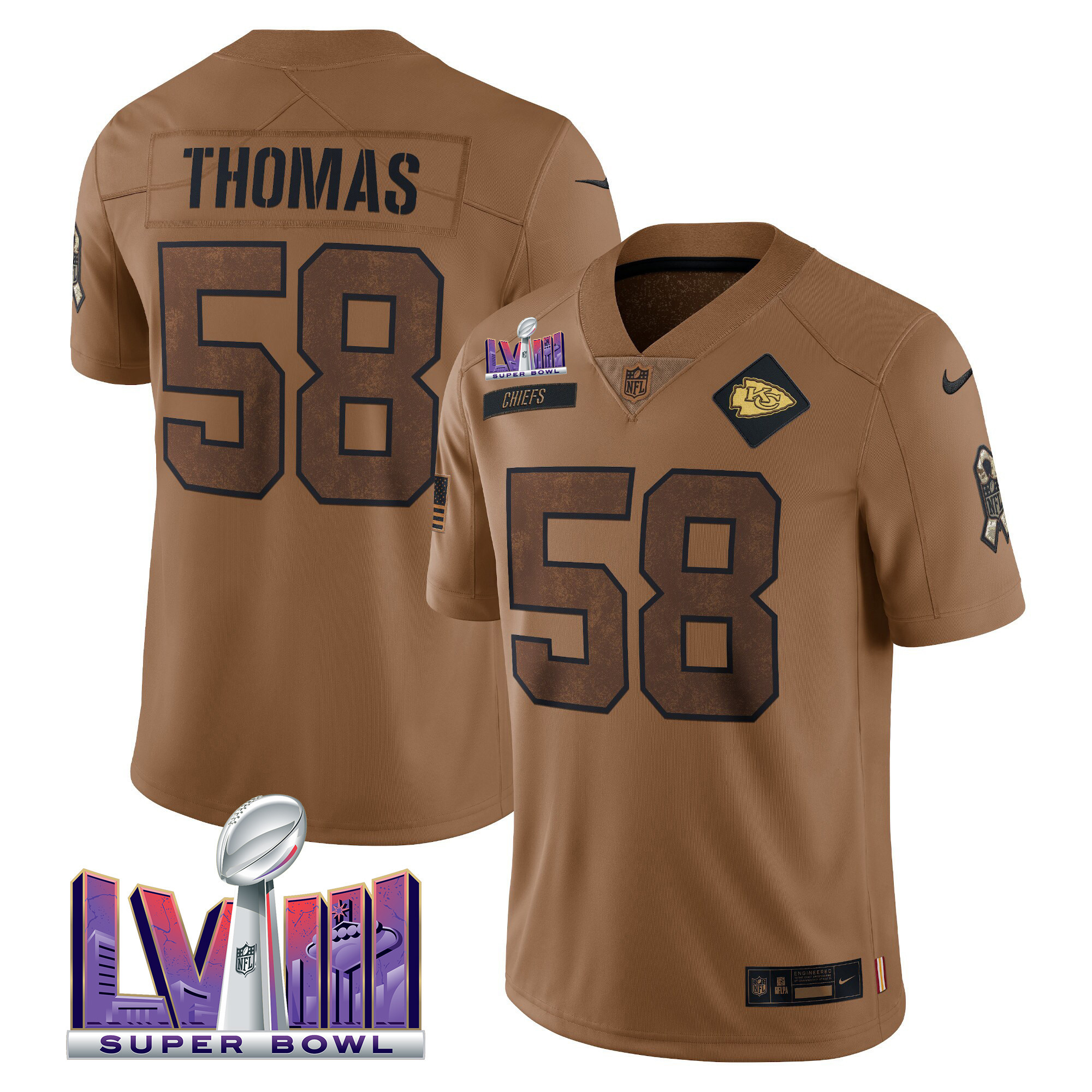 Derrick Thomas Kansas City Chiefs Super Bowl LVIII Patch Salute To Service Brown Limited Jersey - All Stitched 